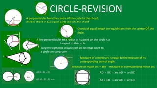 CIRCLE-REVISION
A perpendicular from the centre of the circle to the chord,
divides chord in two equal parts (bisects the chord
Chords of equal length are equidistant from the centre of the
circle.
A line perpendicular to a radius at its point on the circle is a
tangent to the circle.
Tangent segments drawn from an external point to
a circle are congruent.
d(R,S) = R1 + R2
d(N,M) = R1 - R2 (R1>R2
Measure of a minor arc is equal to the measure of its
corresponding central angle.
Measure of major arc = 360° - measure of corresponding minor arc
AD = BC ∴ arc AD = arc BC
AB = CD ∴ arc AB = arc CD
 