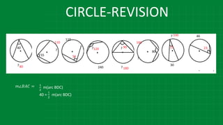 CIRCLE-REVISION
m∠𝐵𝐴𝐶 = 1
2
m(arc BDC)
40 =
1
2
m(arc BDC)
 