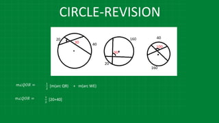 CIRCLE-REVISION
m∠𝑄𝑂𝑅 = 1
2
[20+40]
m∠𝑄𝑂𝑅 = 1
2
[m(arc QR) + m(arc WE)
 