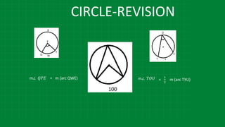 CIRCLE-REVISION
m∠ 𝑇𝑂𝑈 =
1
2
m (arc TYU)
m∠ 𝑄𝑃𝐸 = m (arc QWE)
 
