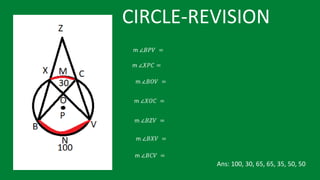 CIRCLE-REVISION
m ∠𝐵𝑃𝑉 =
m ∠𝑋𝑃𝐶 =
m ∠𝐵𝑂𝑉 =
m ∠𝑋𝑂𝐶 =
m ∠𝐵𝑍𝑉 =
m ∠𝐵𝑋𝑉 =
m ∠𝐵𝐶𝑉 =
Ans: 100, 30, 65, 65, 35, 50, 50
 