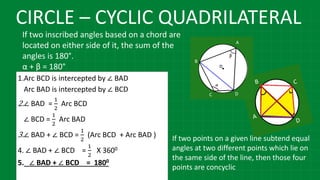 If two inscribed angles based on a chord are
located on either side of it, the sum of the
angles is 180°.
α + β = 180°
CIRCLE – CYCLIC QUADRILATERAL
1.Arc BCD is intercepted by ∠ BAD
Arc BAD is intercepted by ∠ BCD
2.∠ BAD =
1
2
Arc BCD
∠ BCD =
1
2
Arc BAD
3.∠ BAD + ∠ BCD =
1
2
(Arc BCD + Arc BAD )
4. ∠ BAD + ∠ BCD =
1
2
X 3600
5. ∠ BAD + ∠ BCD = 1800
If two points on a given line subtend equal
angles at two different points which lie on
the same side of the line, then those four
points are concyclic
 