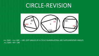 CIRCLE-REVISION
m∠ QWE + m∠ QRE = 180 (OPP ANGLES OF A CYCLIC QUADRILATERAL ARE SUPPLEMENTARY ANGLES
m∠ QWE + 80 = 180
 