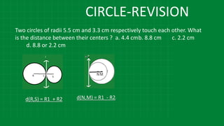 CIRCLE-REVISION
Two circles of radii 5.5 cm and 3.3 cm respectively touch each other. What
is the distance between their centers ? a. 4.4 cmb. 8.8 cm c. 2.2 cm
d. 8.8 or 2.2 cm
d(R,S) = R1 + R2 d(N,M) = R1 - R2)
 