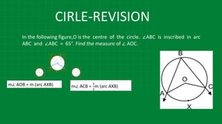 CIRLE-REVISION
In the following figure,O is the centre of the circle. ∠ABC is inscribed in arc
ABC and ∠ABC = 65°. Find the measure of ∠ AOC.
m∠ ACB =
1
2
m (arc AXB)
m∠ AOB = m (arc AXB)
 