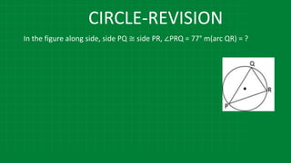 CIRCLE-REVISION
In the figure along side, side PQ ≅ side PR, ∠PRQ = 77° m(arc QR) = ?
 