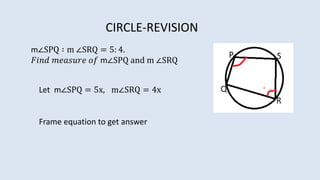 m∠SPQ ∶ m ∠SRQ = 5: 4.
𝐹𝑖𝑛𝑑 𝑚𝑒𝑎𝑠𝑢𝑟𝑒 𝑜𝑓 m∠SPQ and m ∠SRQ
CIRCLE-REVISION
Let m∠SPQ = 5x, m∠SRQ = 4x
Frame equation to get answer
 