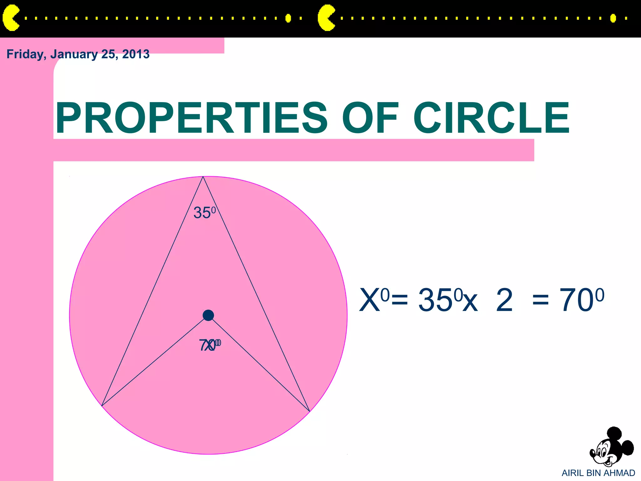Friday, January 25, 2013




       PROPERTIES OF CIRCLE
                           350




                                 X0= 350x 2 = 700
                           700
                            X0




                                              AIRIL BIN AHMAD
 
