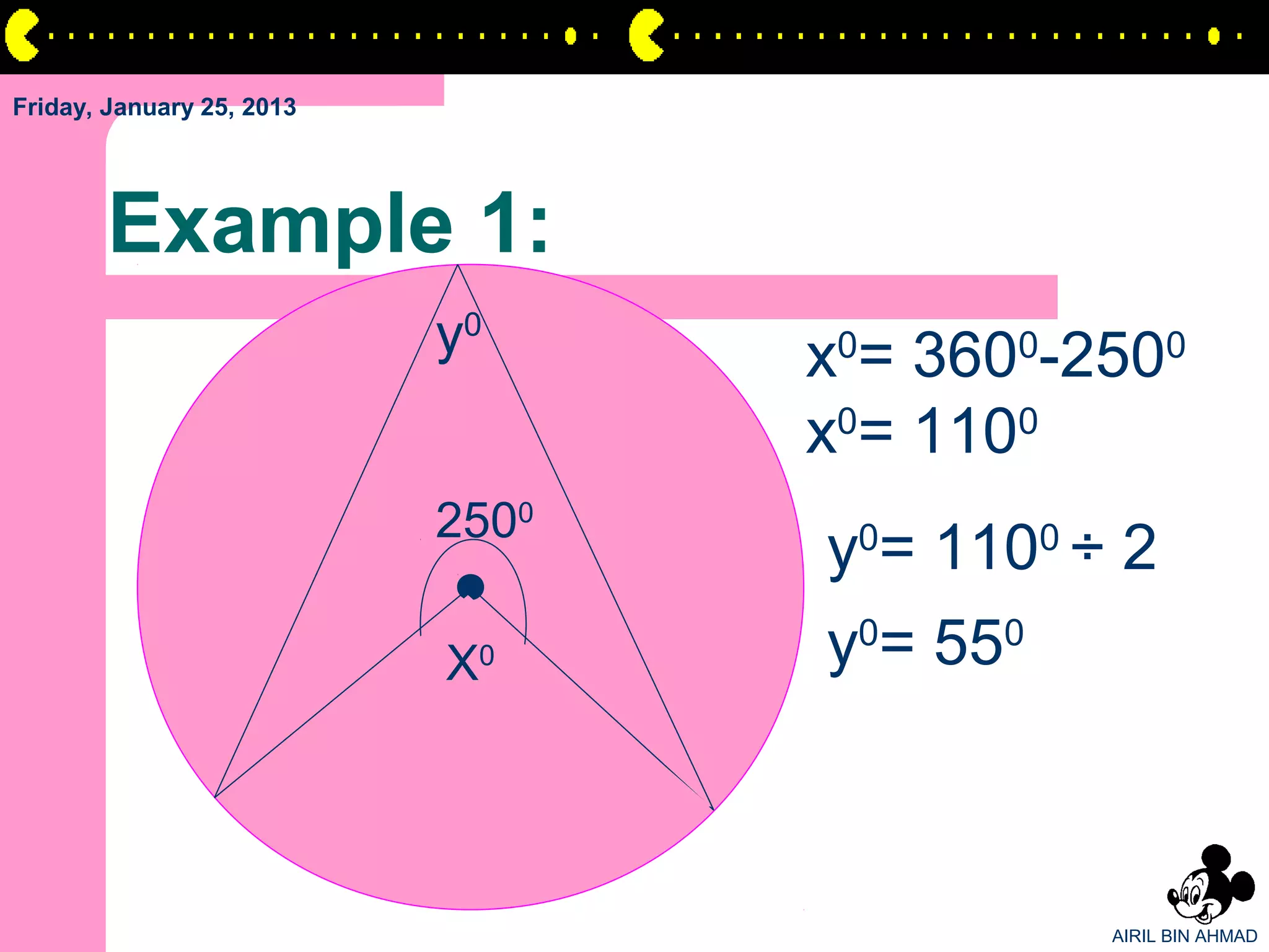 Friday, January 25, 2013




       Example 1:
                           y0     x0= 3600-2500
                                  x0= 1100
                           2500
                                  y0= 1100 ÷ 2
                           X0     y0= 550



                                            AIRIL BIN AHMAD
 