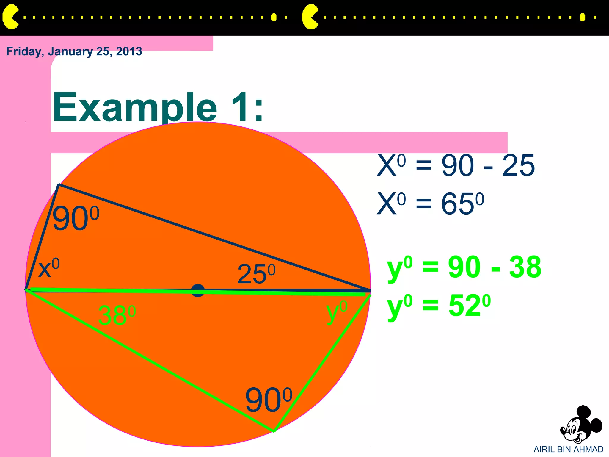 Friday, January 25, 2013




       Example 1:
                                         X0 = 90 - 25
                                         X0 = 650
        900
     x0                    25   0        y0 = 90 - 38
                380                 y0   y0 = 520


                           900
                                                    AIRIL BIN AHMAD
 