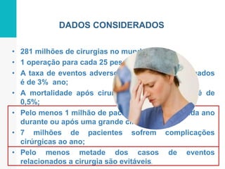 • 281 milhões de cirurgias no mundo/ ano;
• 1 operação para cada 25 pessoas vivas;
• A taxa de eventos adversos em pacientes internados
é de 3% ano;
• A mortalidade após cirurgias de grande porte é de
0,5%;
• Pelo menos 1 milhão de pacientes morrem a cada ano
durante ou após uma grande cirurgia;
• 7 milhões de pacientes sofrem complicações
cirúrgicas ao ano;
• Pelo menos metade dos casos de eventos
relacionados a cirurgia são evitáveis.
DADOS CONSIDERADOS
 