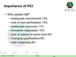 Importance of HCI
• Why system fail?
–
–
–
–
–
–
–

Inadequate requirements 13%
Lack of user participation 12%
Inadequate resources 11%
Unrealistic expectation 10%
Lack of support at senior level 9%
Changing specifications 8%
Lack of planning 8%

Computing and IT in the Workplace

Chapter 2

 