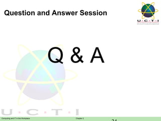 Question and Answer Session

Q&A
Computing and IT in the Workplace

Chapter 2

 