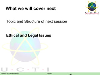 What we will cover next
Topic and Structure of next session
Ethical and Legal Issues

Computing and IT in the Workplace

Chapter 2

 