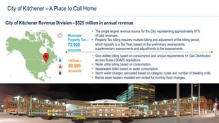 5Copyright © 2016 Capgemini. All Rights ReservedIn collaboration with
City of Kitchener – A Place to Call Home
City of Kitchener Revenue Division - $525 million in annual revenue
Municipal
Property Tax –
72,000
accounts
Utilities –
80,500
accounts
!  The single largest revenue source for the City, representing approximately 67%
of total revenues.
!  Property Tax billing requires multiple billing and adjustment of the billing period,
which typically is a Tax Year, based on the preliminary assessments,
supplementary assessments and adjustments to the assessments.
!  Gas utilities billing based on consumption and unique requirements for Gas Distribution
Access Rules (GDAR) regulations.
!  Water utility billing based on consumption.
!  Wastewater billed based on water consumption.
!  Storm water charges calculated based on category codes and number of dwelling units.
!  Rental water heaters installed and rented for monthly fixed changes.
 