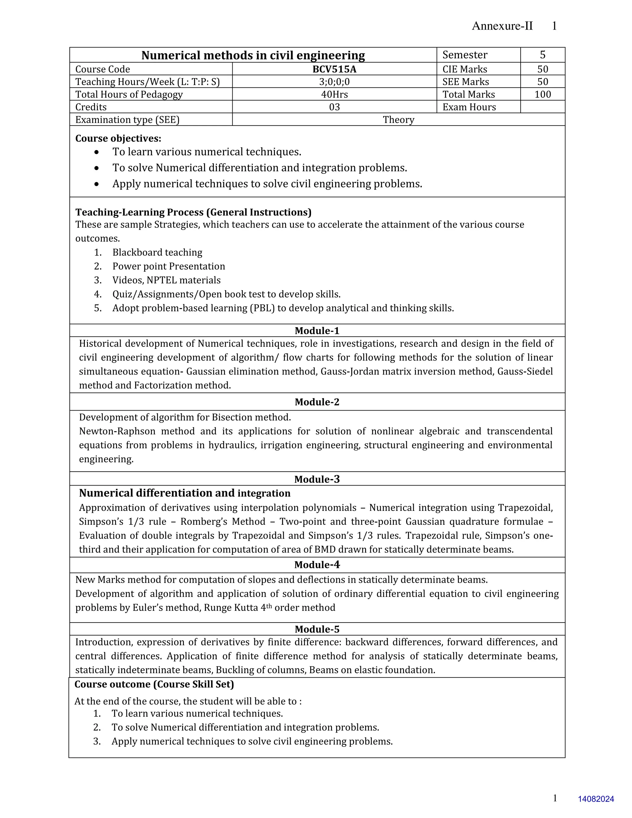 Annexure-II 1
1
Numerical methods in civil engineering Semester 5
Course Code BCV515A CIE Marks 50
Teaching Hours/Week (L: T:P: S) 3;0;0;0 SEE Marks 50
Total Hours of Pedagogy 40Hrs Total Marks 100
Credits 03 Exam Hours
Examination type (SEE) Theory
Course objectives:
 To learn various numerical techniques.
 To solve Numerical differentiation and integration problems.
 Apply numerical techniques to solve civil engineering problems.
Teaching-Learning Process (General Instructions)
These are sample Strategies, which teachers can use to accelerate the attainment of the various course
outcomes.
1. Blackboard teaching
2. Power point Presentation
3. Videos, NPTEL materials
4. Quiz/Assignments/Open book test to develop skills.
5. Adopt problem-based learning (PBL) to develop analytical and thinking skills.
Module-1
Historical development of Numerical techniques, role in investigations, research and design in the field of
civil engineering development of algorithm/ flow charts for following methods for the solution of linear
simultaneous equation- Gaussian elimination method, Gauss-Jordan matrix inversion method, Gauss-Siedel
method and Factorization method.
Module-2
Development of algorithm for Bisection method.
Newton-Raphson method and its applications for solution of nonlinear algebraic and transcendental
equations from problems in hydraulics, irrigation engineering, structural engineering and environmental
engineering.
Module-3
Numerical differentiation and integration
Approximation of derivatives using interpolation polynomials – Numerical integration using Trapezoidal,
Simpson’s 1/3 rule – Romberg’s Method – Two-point and three-point Gaussian quadrature formulae –
Evaluation of double integrals by Trapezoidal and Simpson’s 1/3 rules. Trapezoidal rule, Simpson’s one-
third and their application for computation of area of BMD drawn for statically determinate beams.
Module-4
New Marks method for computation of slopes and deflections in statically determinate beams.
Development of algorithm and application of solution of ordinary differential equation to civil engineering
problems by Euler’s method, Runge Kutta 4th order method
Module-5
Introduction, expression of derivatives by finite difference: backward differences, forward differences, and
central differences. Application of finite difference method for analysis of statically determinate beams,
statically indeterminate beams, Buckling of columns, Beams on elastic foundation.
Course outcome (Course Skill Set)
At the end of the course, the student will be able to :
1. To learn various numerical techniques.
2. To solve Numerical differentiation and integration problems.
3. Apply numerical techniques to solve civil engineering problems.
14082024
 