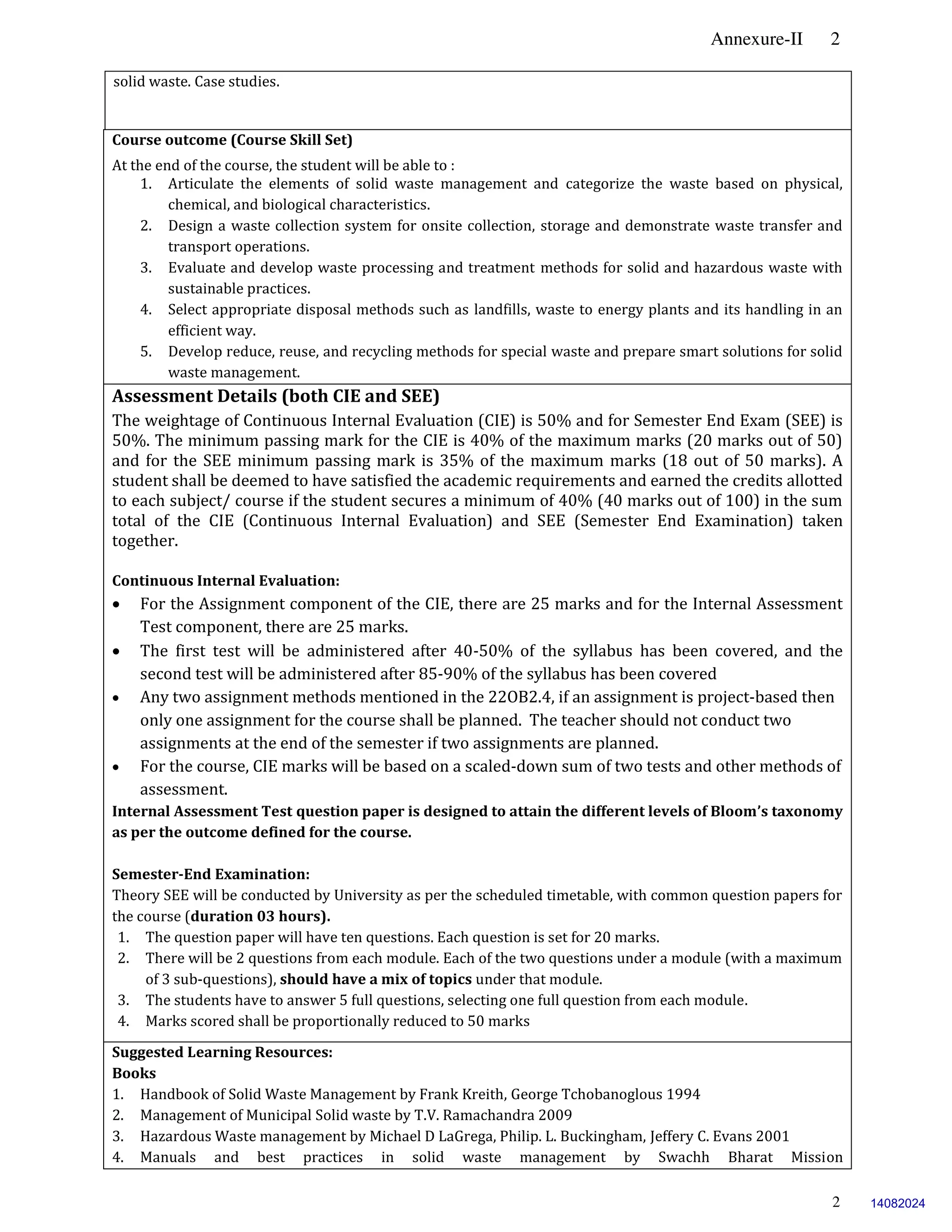 Annexure-II 2
2
solid waste. Case studies.
Course outcome (Course Skill Set)
At the end of the course, the student will be able to :
1. Articulate the elements of solid waste management and categorize the waste based on physical,
chemical, and biological characteristics.
2. Design a waste collection system for onsite collection, storage and demonstrate waste transfer and
transport operations.
3. Evaluate and develop waste processing and treatment methods for solid and hazardous waste with
sustainable practices.
4. Select appropriate disposal methods such as landfills, waste to energy plants and its handling in an
efficient way.
5. Develop reduce, reuse, and recycling methods for special waste and prepare smart solutions for solid
waste management.
Assessment Details (both CIE and SEE)
The weightage of Continuous Internal Evaluation (CIE) is 50% and for Semester End Exam (SEE) is
50%. The minimum passing mark for the CIE is 40% of the maximum marks (20 marks out of 50)
and for the SEE minimum passing mark is 35% of the maximum marks (18 out of 50 marks). A
student shall be deemed to have satisfied the academic requirements and earned the credits allotted
to each subject/ course if the student secures a minimum of 40% (40 marks out of 100) in the sum
total of the CIE (Continuous Internal Evaluation) and SEE (Semester End Examination) taken
together.
Continuous Internal Evaluation:
 For the Assignment component of the CIE, there are 25 marks and for the Internal Assessment
Test component, there are 25 marks.
 The first test will be administered after 40-50% of the syllabus has been covered, and the
second test will be administered after 85-90% of the syllabus has been covered
 Any two assignment methods mentioned in the 22OB2.4, if an assignment is project-based then
only one assignment for the course shall be planned. The teacher should not conduct two
assignments at the end of the semester if two assignments are planned.
 For the course, CIE marks will be based on a scaled-down sum of two tests and other methods of
assessment.
Internal Assessment Test question paper is designed to attain the different levels of Bloom’s taxonomy
as per the outcome defined for the course.
Semester-End Examination:
Theory SEE will be conducted by University as per the scheduled timetable, with common question papers for
the course (duration 03 hours).
1. The question paper will have ten questions. Each question is set for 20 marks.
2. There will be 2 questions from each module. Each of the two questions under a module (with a maximum
of 3 sub-questions), should have a mix of topics under that module.
3. The students have to answer 5 full questions, selecting one full question from each module.
4. Marks scored shall be proportionally reduced to 50 marks.
Suggested Learning Resources:
Books
1. Handbook of Solid Waste Management by Frank Kreith, George Tchobanoglous 1994
2. Management of Municipal Solid waste by T.V. Ramachandra 2009
3. Hazardous Waste management by Michael D LaGrega, Philip. L. Buckingham, Jeffery C. Evans 2001
4. Manuals and best practices in solid waste management by Swachh Bharat Mission
14082024
 