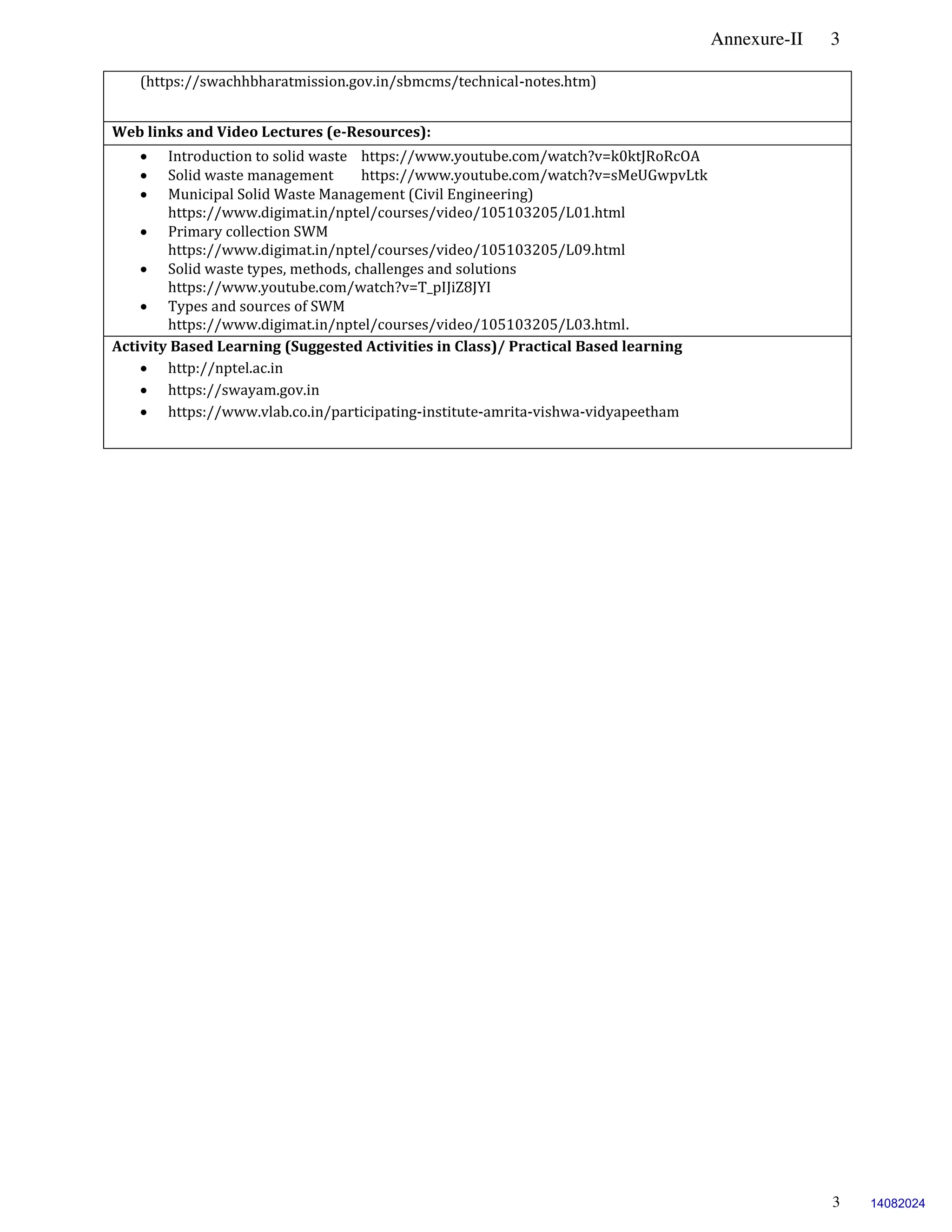 Annexure-II 3
3
(https://swachhbharatmission.gov.in/sbmcms/technical-notes.htm)
Web links and Video Lectures (e-Resources):
 Introduction to solid waste https://www.youtube.com/watch?v=k0ktJRoRcOA
 Solid waste management https://www.youtube.com/watch?v=sMeUGwpvLtk
 Municipal Solid Waste Management (Civil Engineering)
https://www.digimat.in/nptel/courses/video/105103205/L01.html
 Primary collection SWM
https://www.digimat.in/nptel/courses/video/105103205/L09.html
 Solid waste types, methods, challenges and solutions
https://www.youtube.com/watch?v=T_pIJiZ8JYI
 Types and sources of SWM
https://www.digimat.in/nptel/courses/video/105103205/L03.html.
Activity Based Learning (Suggested Activities in Class)/ Practical Based learning
 http://nptel.ac.in
 https://swayam.gov.in
 https://www.vlab.co.in/participating-institute-amrita-vishwa-vidyapeetham
14082024
 