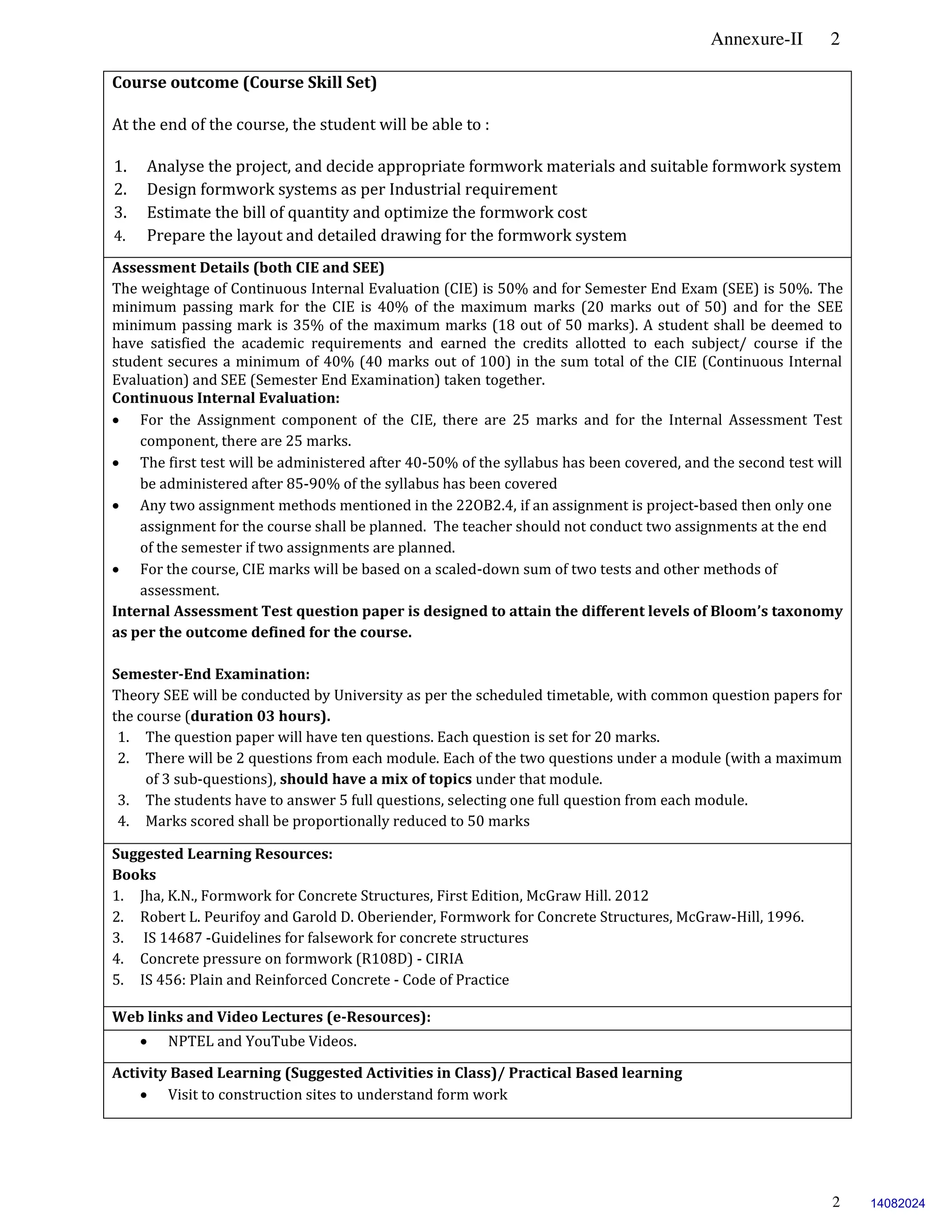 Annexure-II 2
2
Course outcome (Course Skill Set)
At the end of the course, the student will be able to :
1. Analyse the project, and decide appropriate formwork materials and suitable formwork system
2. Design formwork systems as per Industrial requirement
3. Estimate the bill of quantity and optimize the formwork cost
4. Prepare the layout and detailed drawing for the formwork system
Assessment Details (both CIE and SEE)
The weightage of Continuous Internal Evaluation (CIE) is 50% and for Semester End Exam (SEE) is 50%. The
minimum passing mark for the CIE is 40% of the maximum marks (20 marks out of 50) and for the SEE
minimum passing mark is 35% of the maximum marks (18 out of 50 marks). A student shall be deemed to
have satisfied the academic requirements and earned the credits allotted to each subject/ course if the
student secures a minimum of 40% (40 marks out of 100) in the sum total of the CIE (Continuous Internal
Evaluation) and SEE (Semester End Examination) taken together.
Continuous Internal Evaluation:
 For the Assignment component of the CIE, there are 25 marks and for the Internal Assessment Test
component, there are 25 marks.
 The first test will be administered after 40-50% of the syllabus has been covered, and the second test will
be administered after 85-90% of the syllabus has been covered
 Any two assignment methods mentioned in the 22OB2.4, if an assignment is project-based then only one
assignment for the course shall be planned. The teacher should not conduct two assignments at the end
of the semester if two assignments are planned.
 For the course, CIE marks will be based on a scaled-down sum of two tests and other methods of
assessment.
Internal Assessment Test question paper is designed to attain the different levels of Bloom’s taxonomy
as per the outcome defined for the course.
Semester-End Examination:
Theory SEE will be conducted by University as per the scheduled timetable, with common question papers for
the course (duration 03 hours).
1. The question paper will have ten questions. Each question is set for 20 marks.
2. There will be 2 questions from each module. Each of the two questions under a module (with a maximum
of 3 sub-questions), should have a mix of topics under that module.
3. The students have to answer 5 full questions, selecting one full question from each module.
4. Marks scored shall be proportionally reduced to 50 marks.
Suggested Learning Resources:
Books
1. Jha, K.N., Formwork for Concrete Structures, First Edition, McGraw Hill. 2012
2. Robert L. Peurifoy and Garold D. Oberiender, Formwork for Concrete Structures, McGraw-Hill, 1996.
3. IS 14687 -Guidelines for falsework for concrete structures
4. Concrete pressure on formwork (R108D) - CIRIA
5. IS 456: Plain and Reinforced Concrete - Code of Practice
Web links and Video Lectures (e-Resources):
 NPTEL and YouTube Videos.
Activity Based Learning (Suggested Activities in Class)/ Practical Based learning
 Visit to construction sites to understand form work
14082024
 
