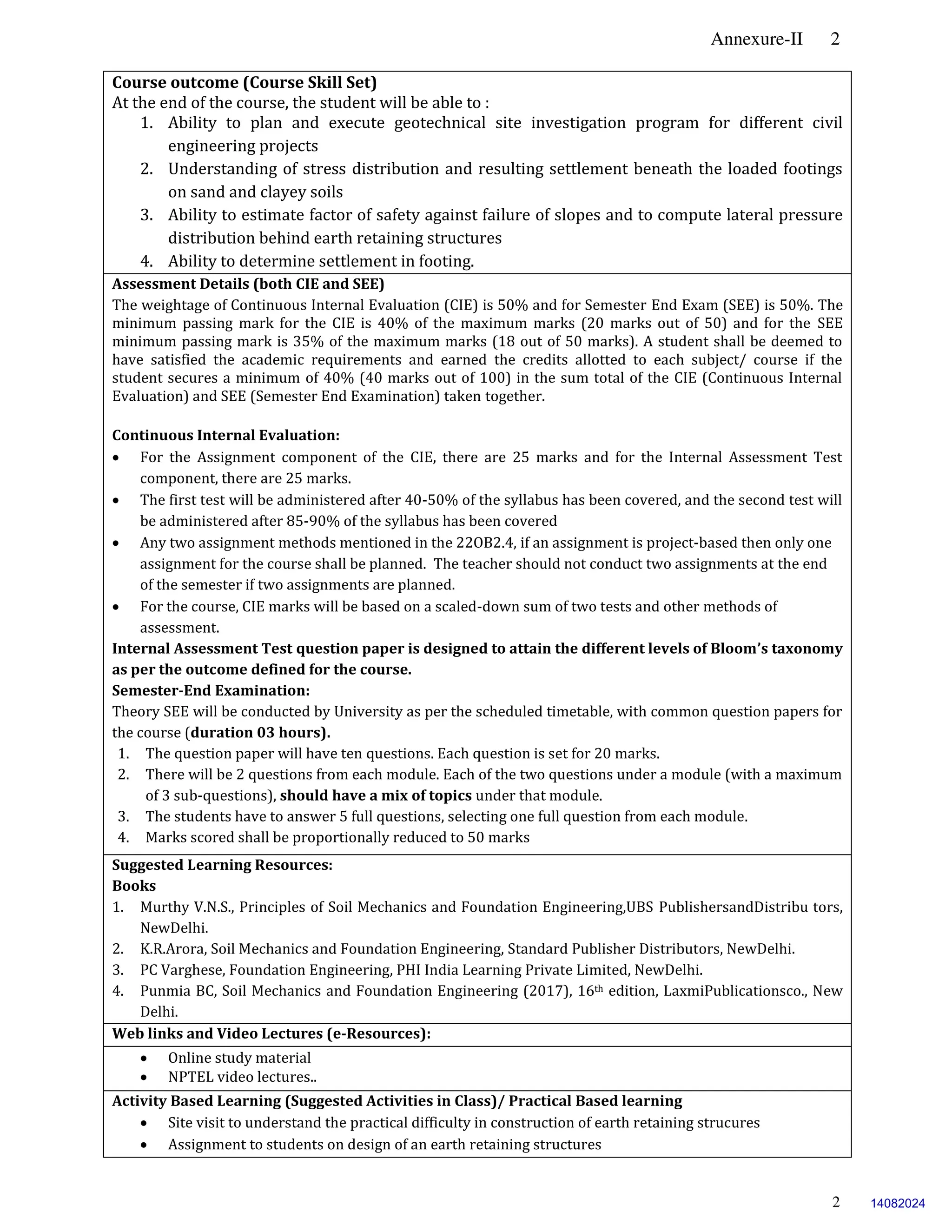 Annexure-II 2
2
Course outcome (Course Skill Set)
At the end of the course, the student will be able to :
1. Ability to plan and execute geotechnical site investigation program for different civil
engineering projects
2. Understanding of stress distribution and resulting settlement beneath the loaded footings
on sand and clayey soils
3. Ability to estimate factor of safety against failure of slopes and to compute lateral pressure
distribution behind earth retaining structures
4. Ability to determine settlement in footing.
Assessment Details (both CIE and SEE)
The weightage of Continuous Internal Evaluation (CIE) is 50% and for Semester End Exam (SEE) is 50%. The
minimum passing mark for the CIE is 40% of the maximum marks (20 marks out of 50) and for the SEE
minimum passing mark is 35% of the maximum marks (18 out of 50 marks). A student shall be deemed to
have satisfied the academic requirements and earned the credits allotted to each subject/ course if the
student secures a minimum of 40% (40 marks out of 100) in the sum total of the CIE (Continuous Internal
Evaluation) and SEE (Semester End Examination) taken together.
Continuous Internal Evaluation:
 For the Assignment component of the CIE, there are 25 marks and for the Internal Assessment Test
component, there are 25 marks.
 The first test will be administered after 40-50% of the syllabus has been covered, and the second test will
be administered after 85-90% of the syllabus has been covered
 Any two assignment methods mentioned in the 22OB2.4, if an assignment is project-based then only one
assignment for the course shall be planned. The teacher should not conduct two assignments at the end
of the semester if two assignments are planned.
 For the course, CIE marks will be based on a scaled-down sum of two tests and other methods of
assessment.
Internal Assessment Test question paper is designed to attain the different levels of Bloom’s taxonomy
as per the outcome defined for the course.
Semester-End Examination:
Theory SEE will be conducted by University as per the scheduled timetable, with common question papers for
the course (duration 03 hours).
1. The question paper will have ten questions. Each question is set for 20 marks.
2. There will be 2 questions from each module. Each of the two questions under a module (with a maximum
of 3 sub-questions), should have a mix of topics under that module.
3. The students have to answer 5 full questions, selecting one full question from each module.
4. Marks scored shall be proportionally reduced to 50 marks.
Suggested Learning Resources:
Books
1. Murthy V.N.S., Principles of Soil Mechanics and Foundation Engineering,UBS PublishersandDistribu tors,
NewDelhi.
2. K.R.Arora, Soil Mechanics and Foundation Engineering, Standard Publisher Distributors, NewDelhi.
3. PC Varghese, Foundation Engineering, PHI India Learning Private Limited, NewDelhi.
4. Punmia BC, Soil Mechanics and Foundation Engineering (2017), 16th edition, LaxmiPublicationsco., New
Delhi.
Web links and Video Lectures (e-Resources):
 Online study material
 NPTEL video lectures..
Activity Based Learning (Suggested Activities in Class)/ Practical Based learning
 Site visit to understand the practical difficulty in construction of earth retaining strucures
 Assignment to students on design of an earth retaining structures
14082024
 