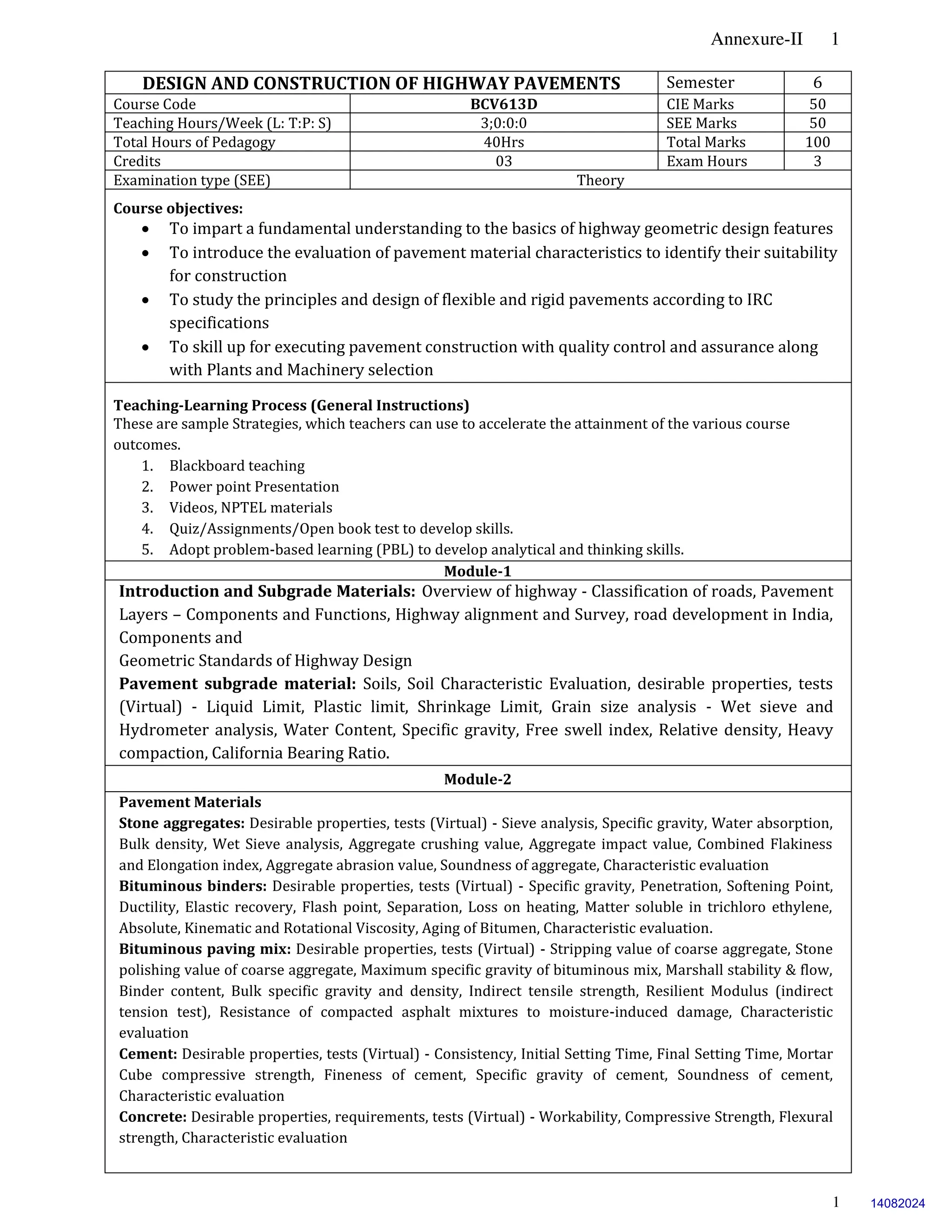 Annexure-II 1
1
DESIGN AND CONSTRUCTION OF HIGHWAY PAVEMENTS Semester 6
Course Code BCV613D CIE Marks 50
Teaching Hours/Week (L: T:P: S) 3;0:0:0 SEE Marks 50
Total Hours of Pedagogy 40Hrs Total Marks 100
Credits 03 Exam Hours 3
Examination type (SEE) Theory
Course objectives:
 To impart a fundamental understanding to the basics of highway geometric design features
 To introduce the evaluation of pavement material characteristics to identify their suitability
for construction
 To study the principles and design of flexible and rigid pavements according to IRC
specifications
 To skill up for executing pavement construction with quality control and assurance along
with Plants and Machinery selection
Teaching-Learning Process (General Instructions)
These are sample Strategies, which teachers can use to accelerate the attainment of the various course
outcomes.
1. Blackboard teaching
2. Power point Presentation
3. Videos, NPTEL materials
4. Quiz/Assignments/Open book test to develop skills.
5. Adopt problem-based learning (PBL) to develop analytical and thinking skills.
Module-1
Introduction and Subgrade Materials: Overview of highway - Classification of roads, Pavement
Layers – Components and Functions, Highway alignment and Survey, road development in India,
Components and
Geometric Standards of Highway Design
Pavement subgrade material: Soils, Soil Characteristic Evaluation, desirable properties, tests
(Virtual) - Liquid Limit, Plastic limit, Shrinkage Limit, Grain size analysis - Wet sieve and
Hydrometer analysis, Water Content, Specific gravity, Free swell index, Relative density, Heavy
compaction, California Bearing Ratio.
Module-2
Pavement Materials
Stone aggregates: Desirable properties, tests (Virtual) - Sieve analysis, Specific gravity, Water absorption,
Bulk density, Wet Sieve analysis, Aggregate crushing value, Aggregate impact value, Combined Flakiness
and Elongation index, Aggregate abrasion value, Soundness of aggregate, Characteristic evaluation
Bituminous binders: Desirable properties, tests (Virtual) - Specific gravity, Penetration, Softening Point,
Ductility, Elastic recovery, Flash point, Separation, Loss on heating, Matter soluble in trichloro ethylene,
Absolute, Kinematic and Rotational Viscosity, Aging of Bitumen, Characteristic evaluation.
Bituminous paving mix: Desirable properties, tests (Virtual) - Stripping value of coarse aggregate, Stone
polishing value of coarse aggregate, Maximum specific gravity of bituminous mix, Marshall stability & flow,
Binder content, Bulk specific gravity and density, Indirect tensile strength, Resilient Modulus (indirect
tension test), Resistance of compacted asphalt mixtures to moisture-induced damage, Characteristic
evaluation
Cement: Desirable properties, tests (Virtual) - Consistency, Initial Setting Time, Final Setting Time, Mortar
Cube compressive strength, Fineness of cement, Specific gravity of cement, Soundness of cement,
Characteristic evaluation
Concrete: Desirable properties, requirements, tests (Virtual) - Workability, Compressive Strength, Flexural
strength, Characteristic evaluation
14082024
 