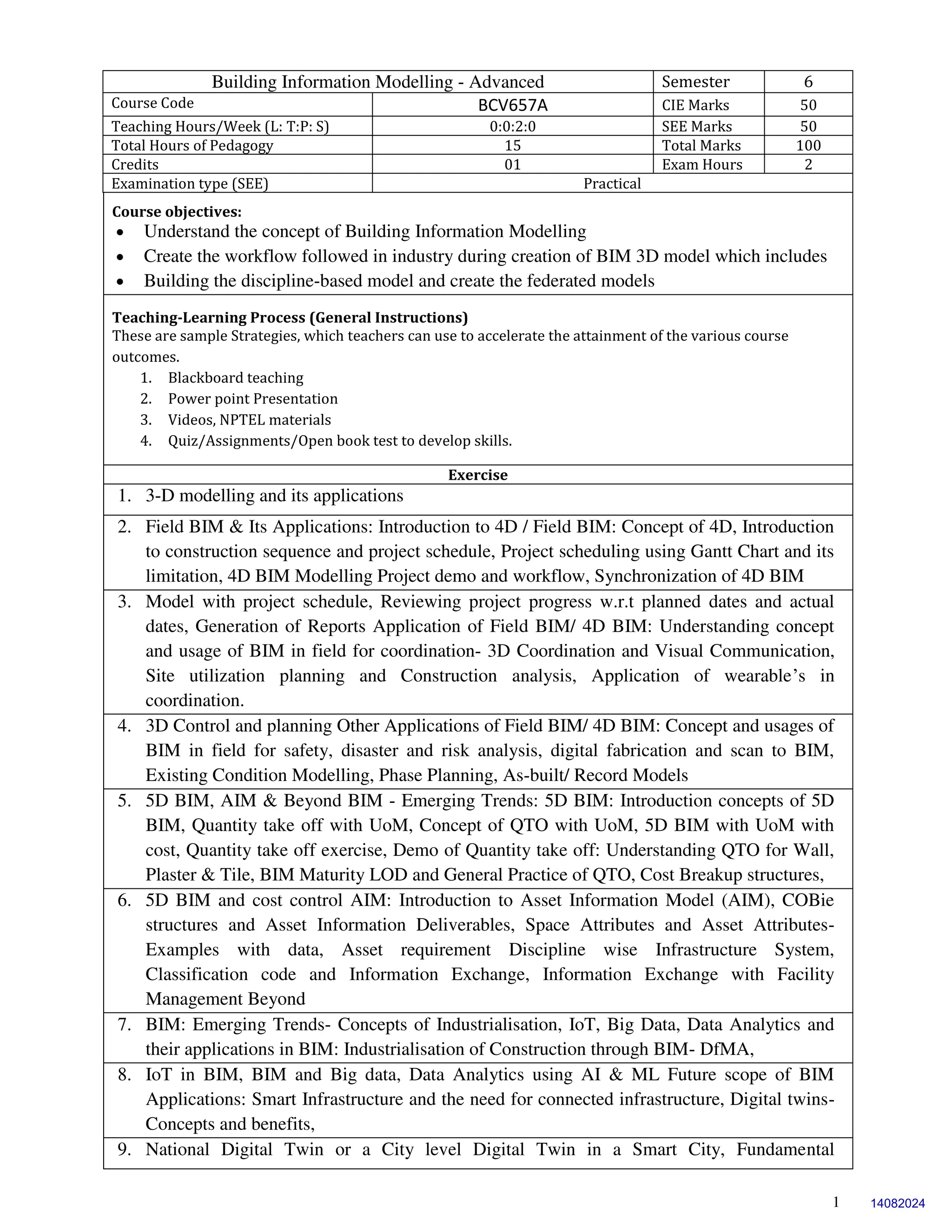 1
Building Information Modelling - Advanced Semester 6
Course Code BCV657A CIE Marks 50
Teaching Hours/Week (L: T:P: S) 0:0:2:0 SEE Marks 50
Total Hours of Pedagogy 15 Total Marks 100
Credits 01 Exam Hours 2
Examination type (SEE) Practical
Course objectives:
 Understand the concept of Building Information Modelling
 Create the workflow followed in industry during creation of BIM 3D model which includes
 Building the discipline-based model and create the federated models
Teaching-Learning Process (General Instructions)
These are sample Strategies, which teachers can use to accelerate the attainment of the various course
outcomes.
1. Blackboard teaching
2. Power point Presentation
3. Videos, NPTEL materials
4. Quiz/Assignments/Open book test to develop skills.
Exercise
1. 3-D modelling and its applications
2. Field BIM & Its Applications: Introduction to 4D / Field BIM: Concept of 4D, Introduction
to construction sequence and project schedule, Project scheduling using Gantt Chart and its
limitation, 4D BIM Modelling Project demo and workflow, Synchronization of 4D BIM
3. Model with project schedule, Reviewing project progress w.r.t planned dates and actual
dates, Generation of Reports Application of Field BIM/ 4D BIM: Understanding concept
and usage of BIM in field for coordination- 3D Coordination and Visual Communication,
Site utilization planning and Construction analysis, Application of wearable’s in
coordination.
4. 3D Control and planning Other Applications of Field BIM/ 4D BIM: Concept and usages of
BIM in field for safety, disaster and risk analysis, digital fabrication and scan to BIM,
Existing Condition Modelling, Phase Planning, As-built/ Record Models
5. 5D BIM, AIM & Beyond BIM - Emerging Trends: 5D BIM: Introduction concepts of 5D
BIM, Quantity take off with UoM, Concept of QTO with UoM, 5D BIM with UoM with
cost, Quantity take off exercise, Demo of Quantity take off: Understanding QTO for Wall,
Plaster & Tile, BIM Maturity LOD and General Practice of QTO, Cost Breakup structures,
6. 5D BIM and cost control AIM: Introduction to Asset Information Model (AIM), COBie
structures and Asset Information Deliverables, Space Attributes and Asset Attributes-
Examples with data, Asset requirement Discipline wise Infrastructure System,
Classification code and Information Exchange, Information Exchange with Facility
Management Beyond
7. BIM: Emerging Trends- Concepts of Industrialisation, IoT, Big Data, Data Analytics and
their applications in BIM: Industrialisation of Construction through BIM- DfMA,
8. IoT in BIM, BIM and Big data, Data Analytics using AI & ML Future scope of BIM
Applications: Smart Infrastructure and the need for connected infrastructure, Digital twins-
Concepts and benefits,
9. National Digital Twin or a City level Digital Twin in a Smart City, Fundamental
14082024
 
