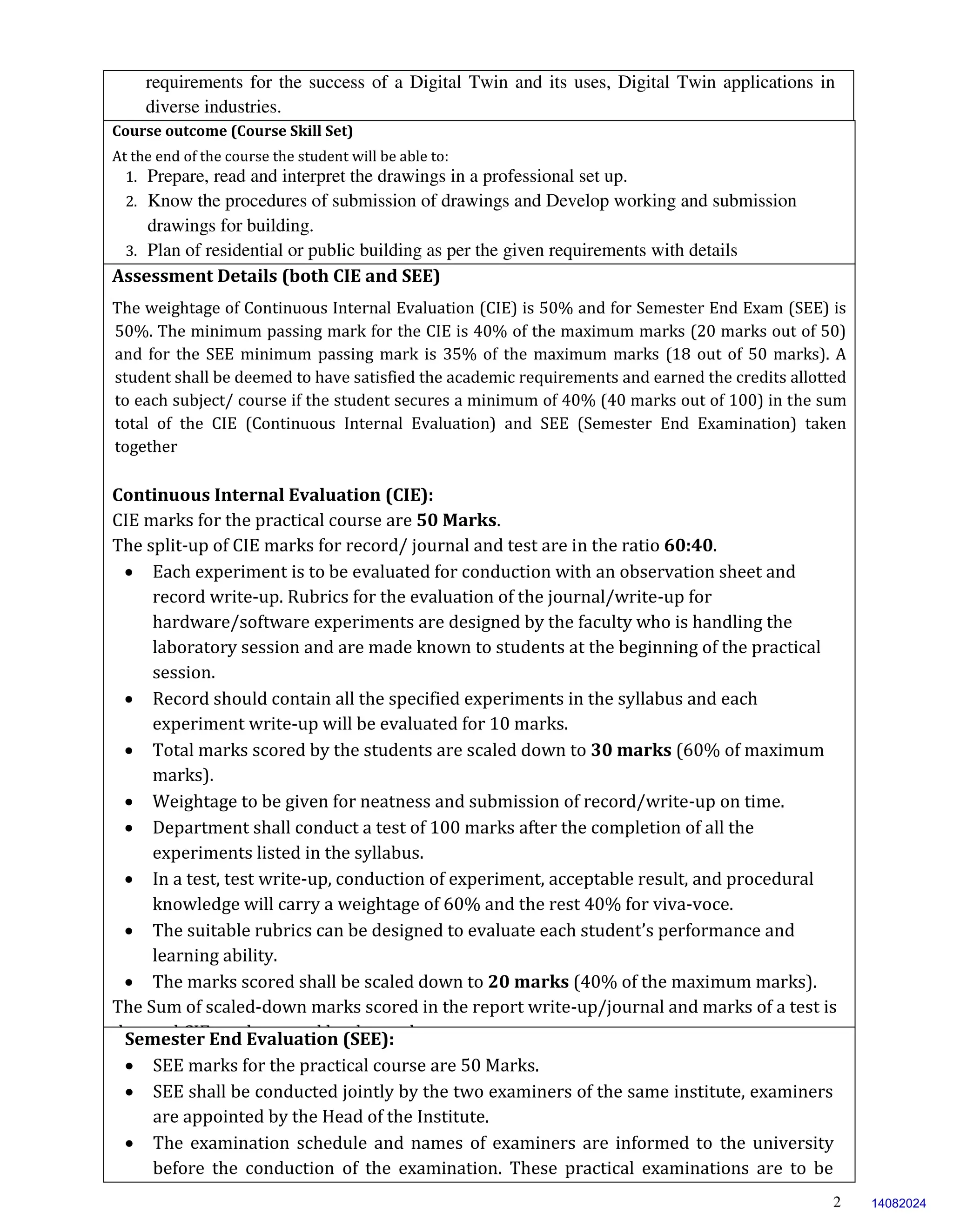 2
requirements for the success of a Digital Twin and its uses, Digital Twin applications in
diverse industries.
Course outcome (Course Skill Set)
At the end of the course the student will be able to:
1. Prepare, read and interpret the drawings in a professional set up.
2. Know the procedures of submission of drawings and Develop working and submission
drawings for building.
3. Plan of residential or public building as per the given requirements with details
Assessment Details (both CIE and SEE)
The weightage of Continuous Internal Evaluation (CIE) is 50% and for Semester End Exam (SEE) is
50%. The minimum passing mark for the CIE is 40% of the maximum marks (20 marks out of 50)
and for the SEE minimum passing mark is 35% of the maximum marks (18 out of 50 marks). A
student shall be deemed to have satisfied the academic requirements and earned the credits allotted
to each subject/ course if the student secures a minimum of 40% (40 marks out of 100) in the sum
total of the CIE (Continuous Internal Evaluation) and SEE (Semester End Examination) taken
together
Continuous Internal Evaluation (CIE):
CIE marks for the practical course are 50 Marks.
The split-up of CIE marks for record/ journal and test are in the ratio 60:40.
 Each experiment is to be evaluated for conduction with an observation sheet and
record write-up. Rubrics for the evaluation of the journal/write-up for
hardware/software experiments are designed by the faculty who is handling the
laboratory session and are made known to students at the beginning of the practical
session.
 Record should contain all the specified experiments in the syllabus and each
experiment write-up will be evaluated for 10 marks.
 Total marks scored by the students are scaled down to 30 marks (60% of maximum
marks).
 Weightage to be given for neatness and submission of record/write-up on time.
 Department shall conduct a test of 100 marks after the completion of all the
experiments listed in the syllabus.
 In a test, test write-up, conduction of experiment, acceptable result, and procedural
knowledge will carry a weightage of 60% and the rest 40% for viva-voce.
 The suitable rubrics can be designed to evaluate each student’s performance and
learning ability.
 The marks scored shall be scaled down to 20 marks (40% of the maximum marks).
The Sum of scaled-down marks scored in the report write-up/journal and marks of a test is
the total CIE marks scored by the student.
Semester End Evaluation (SEE):
 SEE marks for the practical course are 50 Marks.
 SEE shall be conducted jointly by the two examiners of the same institute, examiners
are appointed by the Head of the Institute.
 The examination schedule and names of examiners are informed to the university
before the conduction of the examination. These practical examinations are to be
14082024
 