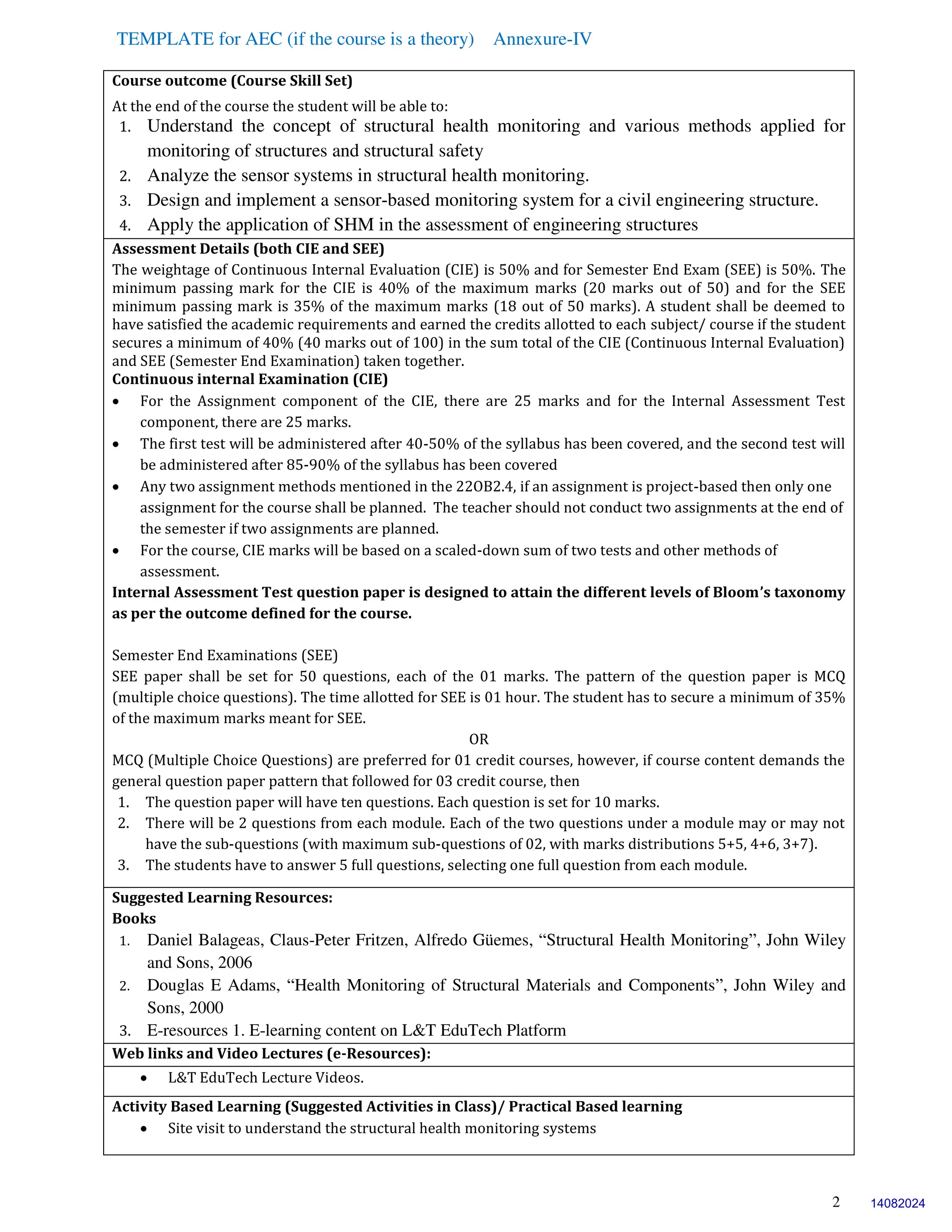 TEMPLATE for AEC (if the course is a theory) Annexure-IV
2
Course outcome (Course Skill Set)
At the end of the course the student will be able to:
1. Understand the concept of structural health monitoring and various methods applied for
monitoring of structures and structural safety
2. Analyze the sensor systems in structural health monitoring.
3. Design and implement a sensor-based monitoring system for a civil engineering structure.
4. Apply the application of SHM in the assessment of engineering structures
Assessment Details (both CIE and SEE)
The weightage of Continuous Internal Evaluation (CIE) is 50% and for Semester End Exam (SEE) is 50%. The
minimum passing mark for the CIE is 40% of the maximum marks (20 marks out of 50) and for the SEE
minimum passing mark is 35% of the maximum marks (18 out of 50 marks). A student shall be deemed to
have satisfied the academic requirements and earned the credits allotted to each subject/ course if the student
secures a minimum of 40% (40 marks out of 100) in the sum total of the CIE (Continuous Internal Evaluation)
and SEE (Semester End Examination) taken together.
Continuous internal Examination (CIE)
 For the Assignment component of the CIE, there are 25 marks and for the Internal Assessment Test
component, there are 25 marks.
 The first test will be administered after 40-50% of the syllabus has been covered, and the second test will
be administered after 85-90% of the syllabus has been covered
 Any two assignment methods mentioned in the 22OB2.4, if an assignment is project-based then only one
assignment for the course shall be planned. The teacher should not conduct two assignments at the end of
the semester if two assignments are planned.
 For the course, CIE marks will be based on a scaled-down sum of two tests and other methods of
assessment.
Internal Assessment Test question paper is designed to attain the different levels of Bloom’s taxonomy
as per the outcome defined for the course.
Semester End Examinations (SEE)
SEE paper shall be set for 50 questions, each of the 01 marks. The pattern of the question paper is MCQ
(multiple choice questions). The time allotted for SEE is 01 hour. The student has to secure a minimum of 35%
of the maximum marks meant for SEE.
OR
MCQ (Multiple Choice Questions) are preferred for 01 credit courses, however, if course content demands the
general question paper pattern that followed for 03 credit course, then
1. The question paper will have ten questions. Each question is set for 10 marks.
2. There will be 2 questions from each module. Each of the two questions under a module may or may not
have the sub-questions (with maximum sub-questions of 02, with marks distributions 5+5, 4+6, 3+7).
3. The students have to answer 5 full questions, selecting one full question from each module.
Suggested Learning Resources:
Books
1. Daniel Balageas, Claus-Peter Fritzen, Alfredo Güemes, “Structural Health Monitoring”, John Wiley
and Sons, 2006
2. Douglas E Adams, “Health Monitoring of Structural Materials and Components”, John Wiley and
Sons, 2000
3. E-resources 1. E-learning content on L&T EduTech Platform
Web links and Video Lectures (e-Resources):
 L&T EduTech Lecture Videos.
Activity Based Learning (Suggested Activities in Class)/ Practical Based learning
 Site visit to understand the structural health monitoring systems
14082024
 