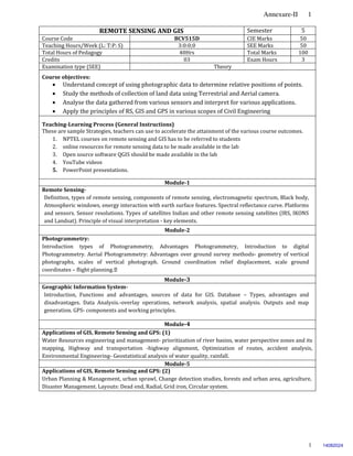 Annexure-II 1
1
REMOTE SENSING AND GIS Semester 5
Course Code BCV515D CIE Marks 50
Teaching Hours/Week (L: T:P: S) 3:0:0;0 SEE Marks 50
Total Hours of Pedagogy 40Hrs Total Marks 100
Credits 03 Exam Hours 3
Examination type (SEE) Theory
Course objectives:
 Understand concept of using photographic data to determine relative positions of points.
 Study the methods of collection of land data using Terrestrial and Aerial camera.
 Analyse the data gathered from various sensors and interpret for various applications.
 Apply the principles of RS, GIS and GPS in various scopes of Civil Engineering
Teaching-Learning Process (General Instructions)
These are sample Strategies, teachers can use to accelerate the attainment of the various course outcomes.
1. NPTEL courses on remote sensing and GIS has to be referred to students
2. online resources for remote sensing data to be made available in the lab
3. Open source software QGIS should be made available in the lab
4. YouTube videos
5. PowerPoint presentations.
Module-1
Remote Sensing-
Definition, types of remote sensing, components of remote sensing, electromagnetic spectrum, Black body,
Atmospheric windows, energy interaction with earth surface features. Spectral reflectance curve. Platforms
and sensors. Sensor resolutions. Types of satellites Indian and other remote sensing satellites (IRS, IKONS
and Landsat). Principle of visual interpretation - key elements.
Module-2
Photogrammetry:
Introduction types of Photogrammetry, Advantages Photogrammetry, Introduction to digital
Photogrammetry. Aerial Photogrammetry: Advantages over ground survey methods- geometry of vertical
photographs, scales of vertical photograph. Ground coordination relief displacement, scale ground
coordinates – flight planning. .
Module-3
Geographic Information System-
Introduction, Functions and advantages, sources of data for GIS. Database – Types, advantages and
disadvantages. Data Analysis.-overlay operations, network analysis, spatial analysis. Outputs and map
generation. GPS- components and working principles.
Module-4
Applications of GIS, Remote Sensing and GPS: (1)
Water Resources engineering and management- prioritization of river basins, water perspective zones and its
mapping, Highway and transportation -highway alignment, Optimization of routes, accident analysis,
Environmental Engineering- Geostatistical analysis of water quality, rainfall.
Module-5
Applications of GIS, Remote Sensing and GPS: (2)
Urban Planning & Management, urban sprawl, Change detection studies, forests and urban area, agriculture,
Disaster Management. Layouts: Dead end, Radial, Grid iron, Circular system.
14082024
 