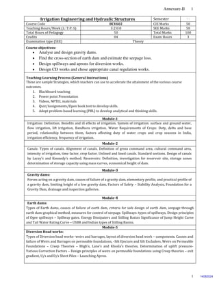Annexure-II 1
1
Irrigation Engineering and Hydraulic Structures Semester VI
Course Code BCV602 CIE Marks 50
Teaching Hours/Week (L: T:P: S) 3:2:0:0 SEE Marks 50
Total Hours of Pedagogy 50 Total Marks 100
Credits 04 Exam Hours 3
Examination type (SEE) Theory
Course objectives:
 Analyse and design gravity dams.
 Find the cross-section of earth dam and estimate the seepage loss.
 Design spillways and aprons for diversion works.
 Design CD works and chose appropriate canal regulation works.
Teaching-Learning Process (General Instructions)
These are sample Strategies, which teachers can use to accelerate the attainment of the various course
outcomes.
1. Blackboard teaching
2. Power point Presentation
3. Videos, NPTEL materials
4. Quiz/Assignments/Open book test to develop skills.
5. Adopt problem-based learning (PBL) to develop analytical and thinking skills.
Module-1
Irrigation: Definition. Benefits and ill effects of irrigation. System of irrigation: surface and ground water,
flow irrigation, lift irrigation, Bandhara irrigation. Water Requirements of Crops: Duty, delta and base
period, relationship between them, factors affecting duty of water crops and crop seasons in India,
irrigation efficiency, frequency of irrigation.
Module-2
Canals: Types of canals. Alignment of canals. Definition of gross command area, cultural command area,
intensity of irrigation, time factor, crop factor. Unlined and lined canals. Standard sections. Design of canals
by Lacey's and Kennedy's method. Reservoirs: Definition, investigation for reservoir site, storage zones
determination of storage capacity using mass curves, economical height of dam.
Module-3
Gravity dams:
Forces acting on a gravity dam, causes of failure of a gravity dam, elementary profile, and practical profile of
a gravity dam, limiting height of a low gravity dam, Factors of Safety – Stability Analysis, Foundation for a
Gravity Dam, drainage and inspection galleries.
Module-4
Earth dams:
Types of Earth dams, causes of failure of earth dam, criteria for safe design of earth dam, seepage through
earth dam-graphical method, measures for control of seepage. Spillways: types of spillways, Design principles
of Ogee spillways – Spillway gates. Energy Dissipaters and Stilling Basins Significance of Jump Height Curve
and Tail Water Rating Curve – USBR and Indian types of Stilling Basins.
Module-5
Diversion Head works:
Types of Diversion head works- weirs and barrages, layout of diversion head work – components. Causes and
failure of Weirs and Barrages on permeable foundations, -Silt Ejectors and Silt Excluders, Weirs on Permeable
Foundations – Creep Theories – Bligh’s, Lane’s and Khosla’s theories, Determination of uplift pressure-
Various Correction Factors – Design principles of weirs on permeable foundations using Creep theories – exit
gradient, U/s and D/s Sheet Piles – Launching Apron.
14082024
 