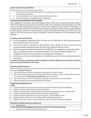 Annexure-II 2
2
Course outcome (Course Skill Set)
At the end of the course, the student will be able to :
1. Know types of water retaining structures for multiple purposes and its key parameters considered
for planning and designing
2. Understand details in any Irrigation System and its requirements
3. Analyse and Design of a irrigation system components
Assessment Details (both CIE and SEE)
The weightage of Continuous Internal Evaluation (CIE) is 50% and for Semester End Exam (SEE) is
50%. The minimum passing mark for the CIE is 40% of the maximum marks (20 marks out of 50)
and for the SEE minimum passing mark is 35% of the maximum marks (18 out of 50 marks). A
student shall be deemed to have satisfied the academic requirements and earned the credits allotted
to each subject/ course if the student secures a minimum of 40% (40 marks out of 100) in the sum
total of the CIE (Continuous Internal Evaluation) and SEE (Semester End Examination) taken
together.
Continuous Internal Evaluation:
 For the Assignment component of the CIE, there are 25 marks and for the Internal Assessment
Test component, there are 25 marks.
 The first test will be administered after 40-50% of the syllabus has been covered, and the
second test will be administered after 85-90% of the syllabus has been covered
 Any two assignment methods mentioned in the 22OB2.4, if an assignment is project-based then
only one assignment for the course shall be planned. The teacher should not conduct two
assignments at the end of the semester if two assignments are planned.
 For the course, CIE marks will be based on a scaled-down sum of two tests and other methods of
assessment.
Internal Assessment Test question paper is designed to attain the different levels of Bloom’s taxonomy
as per the outcome defined for the course.
Semester-End Examination:
Theory SEE will be conducted by University as per the scheduled timetable, with common question papers for
the course (duration 03 hours).
1. The question paper will have ten questions. Each question is set for 20 marks.
2. There will be 2 questions from each module. Each of the two questions under a module (with a maximum
of 3 sub-questions), should have a mix of topics under that module.
3. The students have to answer 5 full questions, selecting one full question from each module.
4. Marks scored shall be proportionally reduced to 50 marks.
Suggested Learning Resources:
Books
1. Irrigation Engineering and Hydraulic structures by Santhosh kumar Garg, Khanna Publishers.
2. Irrigation engineering by K. R. Arora Standard Publishers.
3. Irrigation and water power engineering by Punmia & Lal, Laxmi publications Pvt. Ltd., New Delhi
4. Theory and Design of Hydraulic structures by Varshney, Gupta & Gupta
5. Irrigation Engineering by R.K. Sharma and T.K. Sharma, S. Chand Publishers 2015.
6. Irrigation Theory and Practice by A. M. Micheal Vikas Publishing House 2015.
7. Irrigation and water resources engineering by G.L. Asawa, New Age International Publishers.
Web links and Video Lectures (e-Resources):
 NPTEL Videos.
Activity Based Learning (Suggested Activities in Class)/ Practical Based learning
 Site visit to a dam site and observe all the facility
14082024
 