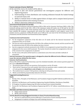 Annexure-II 2
2
Course outcome (Course Skill Set)
At the end of the course, the student will be able to :
1. Ability to plan and execute geotechnical site investigation program for different civil
engineering projects
2. Understanding of stress distribution and resulting settlement beneath the loaded footings
on sand and clayey soils
3. Ability to estimate factor of safety against failure of slopes and to compute lateral pressure
distribution behind earth retaining structures
4. Ability to determine settlement in footing.
Assessment Details (both CIE and SEE)
The weightage of Continuous Internal Evaluation (CIE) is 50% and for Semester End Exam (SEE) is 50%. The
minimum passing mark for the CIE is 40% of the maximum marks (20 marks out of 50) and for the SEE
minimum passing mark is 35% of the maximum marks (18 out of 50 marks). A student shall be deemed to
have satisfied the academic requirements and earned the credits allotted to each subject/ course if the
student secures a minimum of 40% (40 marks out of 100) in the sum total of the CIE (Continuous Internal
Evaluation) and SEE (Semester End Examination) taken together.
Continuous Internal Evaluation:
 For the Assignment component of the CIE, there are 25 marks and for the Internal Assessment Test
component, there are 25 marks.
 The first test will be administered after 40-50% of the syllabus has been covered, and the second test will
be administered after 85-90% of the syllabus has been covered
 Any two assignment methods mentioned in the 22OB2.4, if an assignment is project-based then only one
assignment for the course shall be planned. The teacher should not conduct two assignments at the end
of the semester if two assignments are planned.
 For the course, CIE marks will be based on a scaled-down sum of two tests and other methods of
assessment.
Internal Assessment Test question paper is designed to attain the different levels of Bloom’s taxonomy
as per the outcome defined for the course.
Semester-End Examination:
Theory SEE will be conducted by University as per the scheduled timetable, with common question papers for
the course (duration 03 hours).
1. The question paper will have ten questions. Each question is set for 20 marks.
2. There will be 2 questions from each module. Each of the two questions under a module (with a maximum
of 3 sub-questions), should have a mix of topics under that module.
3. The students have to answer 5 full questions, selecting one full question from each module.
4. Marks scored shall be proportionally reduced to 50 marks.
Suggested Learning Resources:
Books
1. Murthy V.N.S., Principles of Soil Mechanics and Foundation Engineering,UBS PublishersandDistribu tors,
NewDelhi.
2. K.R.Arora, Soil Mechanics and Foundation Engineering, Standard Publisher Distributors, NewDelhi.
3. PC Varghese, Foundation Engineering, PHI India Learning Private Limited, NewDelhi.
4. Punmia BC, Soil Mechanics and Foundation Engineering (2017), 16th edition, LaxmiPublicationsco., New
Delhi.
Web links and Video Lectures (e-Resources):
 Online study material
 NPTEL video lectures..
Activity Based Learning (Suggested Activities in Class)/ Practical Based learning
 Site visit to understand the practical difficulty in construction of earth retaining strucures
 Assignment to students on design of an earth retaining structures
14082024
 