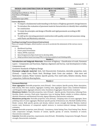 Annexure-II 1
1
DESIGN AND CONSTRUCTION OF HIGHWAY PAVEMENTS Semester 6
Course Code BCV613D CIE Marks 50
Teaching Hours/Week (L: T:P: S) 3;0:0:0 SEE Marks 50
Total Hours of Pedagogy 40Hrs Total Marks 100
Credits 03 Exam Hours 3
Examination type (SEE) Theory
Course objectives:
 To impart a fundamental understanding to the basics of highway geometric design features
 To introduce the evaluation of pavement material characteristics to identify their suitability
for construction
 To study the principles and design of flexible and rigid pavements according to IRC
specifications
 To skill up for executing pavement construction with quality control and assurance along
with Plants and Machinery selection
Teaching-Learning Process (General Instructions)
These are sample Strategies, which teachers can use to accelerate the attainment of the various course
outcomes.
1. Blackboard teaching
2. Power point Presentation
3. Videos, NPTEL materials
4. Quiz/Assignments/Open book test to develop skills.
5. Adopt problem-based learning (PBL) to develop analytical and thinking skills.
Module-1
Introduction and Subgrade Materials: Overview of highway - Classification of roads, Pavement
Layers – Components and Functions, Highway alignment and Survey, road development in India,
Components and
Geometric Standards of Highway Design
Pavement subgrade material: Soils, Soil Characteristic Evaluation, desirable properties, tests
(Virtual) - Liquid Limit, Plastic limit, Shrinkage Limit, Grain size analysis - Wet sieve and
Hydrometer analysis, Water Content, Specific gravity, Free swell index, Relative density, Heavy
compaction, California Bearing Ratio.
Module-2
Pavement Materials
Stone aggregates: Desirable properties, tests (Virtual) - Sieve analysis, Specific gravity, Water absorption,
Bulk density, Wet Sieve analysis, Aggregate crushing value, Aggregate impact value, Combined Flakiness
and Elongation index, Aggregate abrasion value, Soundness of aggregate, Characteristic evaluation
Bituminous binders: Desirable properties, tests (Virtual) - Specific gravity, Penetration, Softening Point,
Ductility, Elastic recovery, Flash point, Separation, Loss on heating, Matter soluble in trichloro ethylene,
Absolute, Kinematic and Rotational Viscosity, Aging of Bitumen, Characteristic evaluation.
Bituminous paving mix: Desirable properties, tests (Virtual) - Stripping value of coarse aggregate, Stone
polishing value of coarse aggregate, Maximum specific gravity of bituminous mix, Marshall stability & flow,
Binder content, Bulk specific gravity and density, Indirect tensile strength, Resilient Modulus (indirect
tension test), Resistance of compacted asphalt mixtures to moisture-induced damage, Characteristic
evaluation
Cement: Desirable properties, tests (Virtual) - Consistency, Initial Setting Time, Final Setting Time, Mortar
Cube compressive strength, Fineness of cement, Specific gravity of cement, Soundness of cement,
Characteristic evaluation
Concrete: Desirable properties, requirements, tests (Virtual) - Workability, Compressive Strength, Flexural
strength, Characteristic evaluation
14082024
 