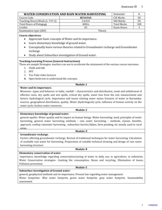 Annexure-II 1
1
WATER CONSERVATION AND RAIN WATER HARVESTING Semester 6
Course Code BCV654A CIE Marks 50
Teaching Hours/Week (L: T:P: S) 3:0:0;0 SEE Marks 50
Total Hours of Pedagogy 40Hrs Total Marks 100
Credits 03 Exam Hours 3
Examination type (SEE) Theory
Course objectives:
 Appreciate basic concepts of Water and its importance.
 Learn elementary knowledge of ground water.
 Conceptually learn various theories related to Groundwater recharge and Groundwater
recharge
 Study about Subsurface investigation of Ground water.
Teaching-Learning Process (General Instructions)
These are sample Strategies, teachers can use to accelerate the attainment of the various course outcomes.
1. Chalk and talk
2. PPT
3. You Tube video lectures
4. Open book test to understand the concepts.
Module-1
Water and its importance.
Monsoon– types and behavior in India, rainfall – characteristics and distribution, onset and withdrawal of
effective rains, dry spells and wet spells, critical dry spells, water loss from the soil, measurement and
factors, hydrological cycle, Importance and issues relating water status Scenario of water in Karnataka:
sources, geographical distribution, quality. Water (hydrological) cycle, influence of human activity on the
water cycle, Surface water resources.
Module-2
Elementary knowledge of ground water:
general aquifer. Water quality and its impact on human beings. Water harvesting: need, principles of water
harvesting, general water harvesting methods - rain water harvesting - methods, classes, benefits,
approach, rooftop rainwater harvesting , subsurface barrier/dykes, farm ponding, etc mostly used in rural
areas.
Module-3
Groundwater recharge.
Factors affecting groundwater recharge, Revival of traditional techniques for water harvesting. Calculation
of available rain water for harvesting. Preparation of suitable technical drawing and design of rain water
harvesting structure
Module-4
Elementary conservation of water:
importance, knowledge regarding conservation/saving of water in daily use, in agriculture, in industries.
Water Conservation strategies- Limiting the consumption, Reuse and recycling, Elimination of losses,
Pollution prevention
Module-5
Subsurface investigation of Ground water:
general, geophysical methods and its importance. Present law regarding water management
Water footprints- Blue water footprint, green water footprint, grey water footprint. Sustainability
assessment
14082024
 