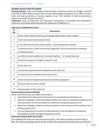 MKV-TEMPLATE for IPCC (26.04.2022) Annexure-III
2
BEARING CAPACITY AND SETTLEMENT
Bearing Capacity: Types of foundations, Determination of bearing capacity by Terzaghi’s and BIS
methods (IS: 6403), Modes of shear failure, Factors affecting Bearing capacity of soil. Effect of water
table and load eccentricity on bearing capacity of soil, Field methods of determining bearing
capacity of soil (SPT and plate load test).
Settlement: Types of settlements and importance, Computation of immediate and consolidation
settlement, permissible differential and total settlements (IS 8009 Part 1).
PRACTICAL COMPONENT OF IPCC
Sl.
No
Experiments
1 Water content determination by oven drying, Rapid moisture meter method
2 Grain size analysis (Sieve analysis of soil)
3 In-situ density tests i) Core-cutter method ii) Sand replacement method
4
Consistency limits i) Liquid limit test (by Casagrande's and cone penetration method) &
ii) Plastic limit test
5 Co-efficient of permeability test i) Constant head test ii). Variable head test
6 Standard compaction test (light compaction only)
7 Direct shear test
8 Unconfined compression test & Laboratory vane shear test
9 Triaxial test (unconsolidated undrained test only)
10 Demonstration of Standard penetration test & Boring equipment
11 Demonstration of Proctors Needle
12 Demonstration of Vane shear test
Course outcomes (Course Skill Set):
At the end of the course, the student will be able to:
 Comprehend the fundamentals of Soil mechanics and identify and classify the soil
 Apply the knowledge to determine MDD and OMC and compute consolidation properties and
shear parameters of soil and compute the settlement and bearing capacity of soil
 Apply the knowledge to determine shear parameters of soil and compute the settlement and
bearing capacity of soil
 Carry out experiments to assess the index properties of soil and determine Compaction,
Permeability and Shear Strength characteristics of soil.
Assessment Details (both CIE and SEE)
The weightage of Continuous Internal Evaluation (CIE) is 50% and for Semester End Exam (SEE) is
50%. The minimum passing mark for the CIE is 40% of the maximum marks (20 marks out of 50) and
14082024
 