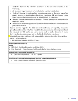3
conducted between the schedules mentioned in the academic calendar of the
University.
 All laboratory experiments are to be included for practical examination.
 (Rubrics) Breakup of marks and the instructions printed on the cover page of the
answer script to be strictly adhered to by the examiners. OR based on the course
requirement evaluation rubrics shall be decided jointly by examiners.
 Students can pick one question (experiment) from the questions lot prepared by the
examiners jointly.
 Evaluation of test write-up/ conduction procedure and result/viva will be conducted
jointly by examiners.
 General rubrics suggested for SEE are mentioned here, writeup-20%, Conduction
procedure and result in -60%, Viva-voce 20% of maximum marks. SEE for practical shall
be evaluated for 100 marks and scored marks shall be scaled down to 50 marks
(however, based on course type, rubrics shall be decided by the examiners)
 Change of experiment is allowed only once and 15% of Marks allotted to the procedure
part are to be made zero.
1. The minimum duration of SEE is 02 hours
Suggested Learning Resources:
Books
1. ISO 19650 - Building Information Modelling (BIM)
2. BIM Handbook – Chuck Eastman, Paul Teicholz, Rafael Sacks, Kathleen Liston
Web links and Video Lectures (e-Resources):
 E-learning content on L&T EduTech Platform.
Activity Based Learning (Suggested Activities in Class)/ Practical Based learning
 Create a plan of residential building and practice BIM tools
14082024
 