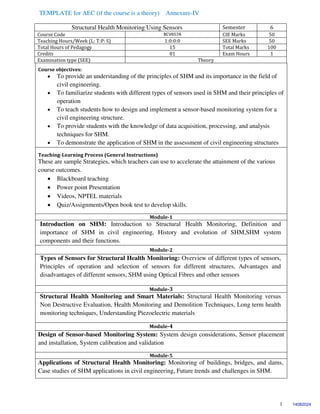 TEMPLATE for AEC (if the course is a theory) Annexure-IV
1
Structural Health Monitoring Using Sensors Semester 6
Course Code BCV657A CIE Marks 50
Teaching Hours/Week (L: T:P: S) 1:0:0:0 SEE Marks 50
Total Hours of Pedagogy 15 Total Marks 100
Credits 01 Exam Hours 1
Examination type (SEE) Theory
Course objectives:
 To provide an understanding of the principles of SHM and its importance in the field of
civil engineering.
 To familiarize students with different types of sensors used in SHM and their principles of
operation
 To teach students how to design and implement a sensor-based monitoring system for a
civil engineering structure.
 To provide students with the knowledge of data acquisition, processing, and analysis
techniques for SHM.
 To demonstrate the application of SHM in the assessment of civil engineering structures
Teaching-Learning Process (General Instructions)
These are sample Strategies, which teachers can use to accelerate the attainment of the various
course outcomes.
 Blackboard teaching
 Power point Presentation
 Videos, NPTEL materials
 Quiz/Assignments/Open book test to develop skills.
Module-1
Introduction on SHM: Introduction to Structural Health Monitoring, Definition and
importance of SHM in civil engineering, History and evolution of SHM,SHM system
components and their functions.
Module-2
Types of Sensors for Structural Health Monitoring: Overview of different types of sensors,
Principles of operation and selection of sensors for different structures, Advantages and
disadvantages of different sensors, SHM using Optical Fibres and other sensors
Module-3
Structural Health Monitoring and Smart Materials: Structural Health Monitoring versus
Non Destructive Evaluation, Health Monitoring and Demolition Techniques, Long term health
monitoring techniques, Understanding Piezoelectric materials
Module-4
Design of Sensor-based Monitoring System: System design considerations, Sensor placement
and installation, System calibration and validation
Module-5
Applications of Structural Health Monitoring: Monitoring of buildings, bridges, and dams,
Case studies of SHM applications in civil engineering, Future trends and challenges in SHM.
14082024
 