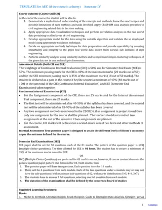TEMPLATE for AEC (if the course is a theory) Annexure-IV
2
Course outcome (Course Skill Set)
At the end of the course the student will be able to:
1. Demonstrate a sophisticated understanding of the concepts and methods; know the exact scopes and
possible limitations of each methods and tasks involved. Apply CRISP-DM data analysis processes to
civil engineering related data in decision making.
2. Apply appropriate data visualization techniques and perform correlation analysis on the real world
data pertaining to allied areas of civil engineering.
3. Develop appropriate model for the data using the suitable algorithm and validate the so developed
model using appropriate validation technique.
4. Decide on appropriate method/ technique for data preparation and provide operability by assuring
impartiality and integrity to the given real world data drawn from various sub domains of civil
engineering.
5. Perform similarity analysis using similarity metrics and to implement simple clustering techniques of
the given data set in one and multiple dimensions.
Assessment Details (both CIE and SEE)
The weightage of Continuous Internal Evaluation (CIE) is 50% and for Semester End Exam (SEE) is
50%. The minimum passing mark for the CIE is 40% of the maximum marks (20 marks out of 50)
and for the SEE minimum passing mark is 35% of the maximum marks (18 out of 50 marks). The
student is declared as a pass in the course if he/she secures a minimum of 40% (40 marks out of
100) in the sum total of the CIE (Continuous Internal Evaluation) and SEE (Semester End
Examination) taken together
Continuous internal Examination (CIE)
 For the Assignment component of the CIE, there are 25 marks and for the Internal Assessment
Test component, there are 25 marks.
 The first test will be administered after 40-50% of the syllabus has been covered, and the second
test will be administered after 85-90% of the syllabus has been covered
 Any two assignment methods mentioned in the 22OB2.4, if an assignment is project-based then
only one assignment for the course shall be planned. The teacher should not conduct two
assignments at the end of the semester if two assignments are planned.
 For the course, CIE marks will be based on a scaled-down sum of two tests and other methods of
assessment.
Internal Assessment Test question paper is designed to attain the different levels of Bloom’s taxonomy
as per the outcome defined for the course.
Semester End Examinations (SEE)
SEE paper shall be set for 50 questions, each of the 01 marks. The pattern of the question paper is MCQ
(multiple choice questions). The time allotted for SEE is 01 hour. The student has to secure a minimum of
35% of the maximum marks meant for SEE.
OR
MCQ (Multiple Choice Questions) are preferred for 01 credit courses, however, if course content demands the
general question paper pattern that followed for 03 credit course, then
1. The question paper will have ten questions. Each question is set for 10 marks.
2. There will be 2 questions from each module. Each of the two questions under a module may or may not
have the sub-questions (with maximum sub-questions of 02, with marks distributions 5+5, 4+6, 3+7).
3. The students have to answer 5 full questions, selecting one full question from each module.
4. The duration of the examinations shall be defined by the concerned board of studies
Suggested Learning Resources:
Books
1. Michel R. Berthold, Christian Borgelt, Frank Hoopner, Guide to Intelligent Data Analysis, Springer- Verlag
14082024
 
