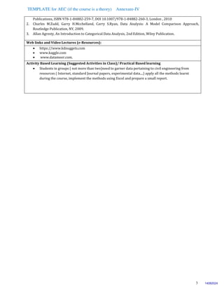 TEMPLATE for AEC (if the course is a theory) Annexure-IV
3
Publications, ISBN 978-1-84882-259-7, DOI 10.1007/978-1-84882-260-3, London , 2010
2. Charles M.Zudd, Garry H.Mcchelland, Carry S.Ryan, Data Analysis: A Model Comparison Approach,
Routledge Publication, NY, 2009.
3. Allan Agresty, An Introduction to Categorical Data Analysis, 2nd Edition, Wiley Publication.
Web links and Video Lectures (e-Resources):
 https://www.kdnuggets.com
 www.kaggle.com
 www.datameer.com.
Activity Based Learning (Suggested Activities in Class)/ Practical Based learning
 Students in groups ( not more than two)need to garner data pertaining to civil engineering from
resources ( Internet, standard Journal papers, experimental data....) apply all the methods learnt
during the course, implement the methods using Excel and prepare a small report.
14082024
 