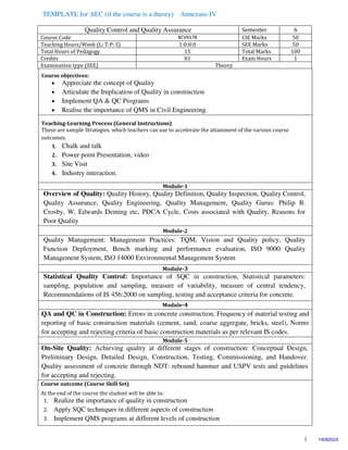 TEMPLATE for AEC (if the course is a theory) Annexure-IV
1
Quality Control and Quality Assurance Semester 6
Course Code BCV657B CIE Marks 50
Teaching Hours/Week (L: T:P: S) 1:0:0:0 SEE Marks 50
Total Hours of Pedagogy 15 Total Marks 100
Credits 01 Exam Hours 1
Examination type (SEE) Theory
Course objectives:
 Appreciate the concept of Quality
 Articulate the Implication of Quality in construction
 Implement QA & QC Programs
 Realise the importance of QMS in Civil Engineering.
Teaching-Learning Process (General Instructions)
These are sample Strategies, which teachers can use to accelerate the attainment of the various course
outcomes.
1. Chalk and talk
2. Power point Presentation, video
3. Site Visit
4. Industry interaction.
Module-1
Overview of Quality: Quality History, Quality Definition, Quality Inspection, Quality Control,
Quality Assurance, Quality Engineering, Quality Management, Quality Gurus: Philip B.
Crosby, W. Edwards Deming etc, PDCA Cycle, Costs associated with Quality, Reasons for
Poor Quality
Module-2
Quality Management: Management Practices: TQM, Vision and Quality policy, Quality
Function Deployment, Bench marking and performance evaluation, ISO 9000 Quality
Management System, ISO 14000 Environmental Management System
Module-3
Statistical Quality Control: Importance of SQC in construction, Statistical parameters:
sampling, population and sampling, measure of variability, measure of central tendency,
Recommendations of IS 456:2000 on sampling, testing and acceptance criteria for concrete.
Module-4
QA and QC in Construction: Errors in concrete construction; Frequency of material testing and
reporting of basic construction materials (cement, sand, coarse aggregate, bricks, steel), Norms
for accepting and rejecting criteria of basic construction materials as per relevant IS codes.
Module-5
On-Site Quality: Achieving quality at different stages of construction: Conceptual Design,
Preliminary Design, Detailed Design, Construction, Testing, Commissioning, and Handover.
Quality assessment of concrete through NDT: rebound hammer and USPV tests and guidelines
for accepting and rejecting.
Course outcome (Course Skill Set)
At the end of the course the student will be able to:
1. Realize the importance of quality in construction
2. Apply SQC techniques in different aspects of construction
3. Implement QMS programs at different levels of construction
14082024
 