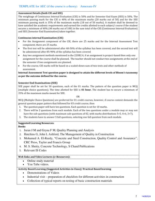 TEMPLATE for AEC (if the course is a theory) Annexure-IV
2
Assessment Details (both CIE and SEE)
The weightage of Continuous Internal Evaluation (CIE) is 50% and for Semester End Exam (SEE) is 50%. The
minimum passing mark for the CIE is 40% of the maximum marks (20 marks out of 50) and for the SEE
minimum passing mark is 35% of the maximum marks (18 out of 50 marks). A student shall be deemed to
have satisfied the academic requirements and earned the credits allotted to each subject/ course if the student
secures a minimum of 40% (40 marks out of 100) in the sum total of the CIE (Continuous Internal Evaluation)
and SEE (Semester End Examination) taken together.
Continuous internal Examination (CIE)
 For the Assignment component of the CIE, there are 25 marks and for the Internal Assessment Test
component, there are 25 marks.
 The first test will be administered after 40-50% of the syllabus has been covered, and the second test will
be administered after 85-90% of the syllabus has been covered
 Any two assignment methods mentioned in the 22OB2.4, if an assignment is project-based then only one
assignment for the course shall be planned. The teacher should not conduct two assignments at the end of
the semester if two assignments are planned.
 For the course, CIE marks will be based on a scaled-down sum of two tests and other methods of
assessment.
Internal Assessment Test question paper is designed to attain the different levels of Bloom’s taxonomy
as per the outcome defined for the course.
Semester End Examinations (SEE)
SEE paper shall be set for 50 questions, each of the 01 marks. The pattern of the question paper is MCQ
(multiple choice questions). The time allotted for SEE is 01 hour. The student has to secure a minimum of
35% of the maximum marks meant for SEE.
OR
MCQ (Multiple Choice Questions) are preferred for 01 credit courses, however, if course content demands the
general question paper pattern that followed for 03 credit course, then
1. The question paper will have ten questions. Each question is set for 10 marks.
2. There will be 2 questions from each module. Each of the two questions under a module may or may not
have the sub-questions (with maximum sub-questions of 02, with marks distributions 5+5, 4+6, 3+7).
3. The students have to answer 5 full questions, selecting one full question from each module.
Suggested Learning Resources:
Books
1. Juran J M and Gryna F M, Quality Planning and Analysis
2. Hutchins G, John L Ashford, The Management of Quality in Construction
3. Mohamed A. El-Reedy, “Concrete and Steel Construction, Quality Control and Assurance”,
CRC Press, Taylor and Francis Group
4. M. S. Shetty, Concrete Technology, S Chand Publications
5. Relevant IS Codes
Web links and Video Lectures (e-Resources):
 Online study material
 You Tube videos.
Activity Based Learning (Suggested Activities in Class)/ Practical Based learning
 Demonstrations of Videos
 Industrial visit – preparation of checklists for different activities in construction
 Collection of typical reports on testing of basic construction materials
14082024
 