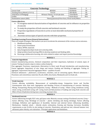 MKV-TEMPLATE for IPCC (26.04.2022) Annexure-III
1
Concrete Technology Semester 5
Course Code BCV503 CIE Marks 50
Teaching Hours/Week (L:T:P: S) 3:0:2:0 SEE Marks 50
Total Hours of Pedagogy 40 hours Theory + 8-10 Lab slots Total Marks 100
Credits 04 Exam Hours 3hrs
Examination nature (SEE) Theory/practical/Viva-Voce /Term-work/Others
Course objectives:
 To recognize material characterization of ingredients of concrete and its influence on properties
of concrete
 To study the properties of fresh concrete and hardened concrete
 Proportion ingredients of Concrete to arrive at most desirable mechanical properties of
Concrete.
 Ascertain various types of special concrete with their properties.
Teaching-Learning Process (General Instructions)
These are sample Strategies; that teachers can use to accelerate the attainment of the various course outcomes.
1. Blackboard teaching
2. Power point Presentation
3. Videos, NPTEL materials
4. Quiz/Assignments/Open book test to develop skills.
5. Adopt problem-based learning (PBL) to develop analytical and thinking skills.
6. Encourage collaborative learning, site visits related to subject and impart practical knowledge.
MODULE-1
Concrete Ingredients
Cement manufacturing process, chemical composition and their importance, hydration of cement, types of
cement. Testing of cement, steps to reduce carbon footprint.
Fine aggregate: Functions, requirement, Alternatives to River sand, M-sand introduction, and manufacturing.
Coarse aggregate: Importance of size, shape and texture. Grading and blending of aggregate. Testing on
aggregate, requirement. Recycled aggregates Water – qualities of water.
Chemical admixtures – plasticizers, accelerators, retarders, and air entraining agents. Mineral admixtures –
Pozzolanic and cementitious materials, Fly ash, GGBS, silica fumes, Metakaolin and rice husk ash.
MODULE-2
Fresh Concrete
Factors affecting workability. Measurement of workability–slump, Compaction factor and Vee-Bee
Consistometer tests, flow tests. Segregation and bleeding. Process of manufacturing of concrete- Batching,
Mixing, Transporting, Placing and Compaction. Curing – Methods of curing – Water curing, membrane curing,
steam curing, accelerated curing, self- curing. Good and Bad practices of making and using fresh concrete and
Effect of heat of hydration during mass concreting at project sites.
MODULE-3
Hardened Concrete
Factors influencing strength, W/C ratio, gel/space ratio, Maturity concept, testing of hardened concrete, Creep –
factors affecting creep. Shrinkage of concrete – plastic shrinking and drying shrinkage, Factors affecting
shrinkage. Definition and significance of durability. Internal and external factors influencing durability,
Mechanisms- Sulphate attack – chloride attack, carbonation, freezing and thawing. Corrosion, Durability
requirements as per IS-456, In situ testing of concrete- Penetration and pull-out test, rebound hammer test,
ultrasonic pulse velocity, core extraction – Principal, applications and limitations.
MODULE-4
14082024
 