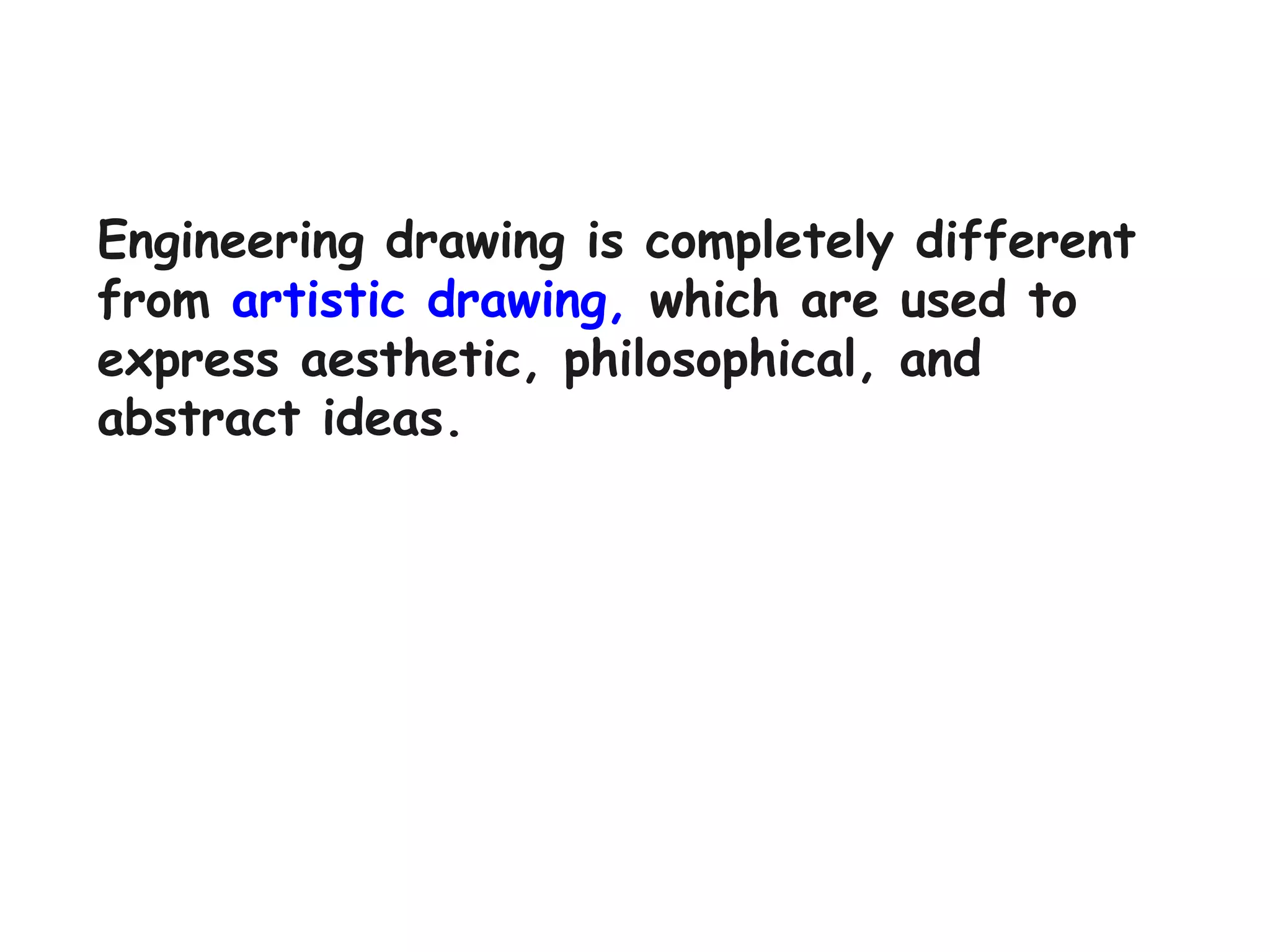 Engineering drawing is completely different
from artistic drawing, which are used to
express aesthetic, philosophical, and
abstract ideas.

 