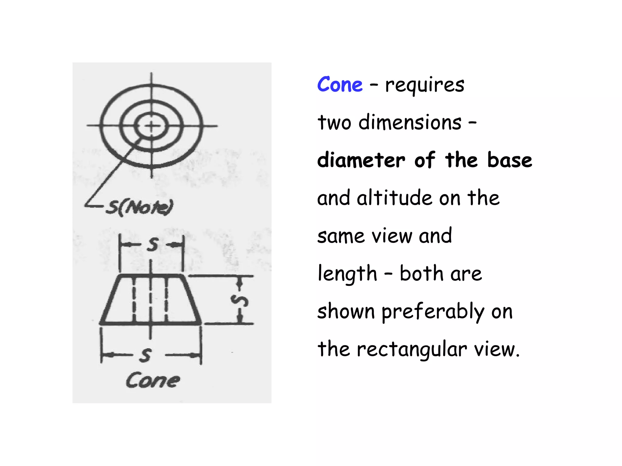 Cone – requires
two dimensions –
diameter of the base
and altitude on the
same view and
length – both are
shown preferably on
the rectangular view.

 