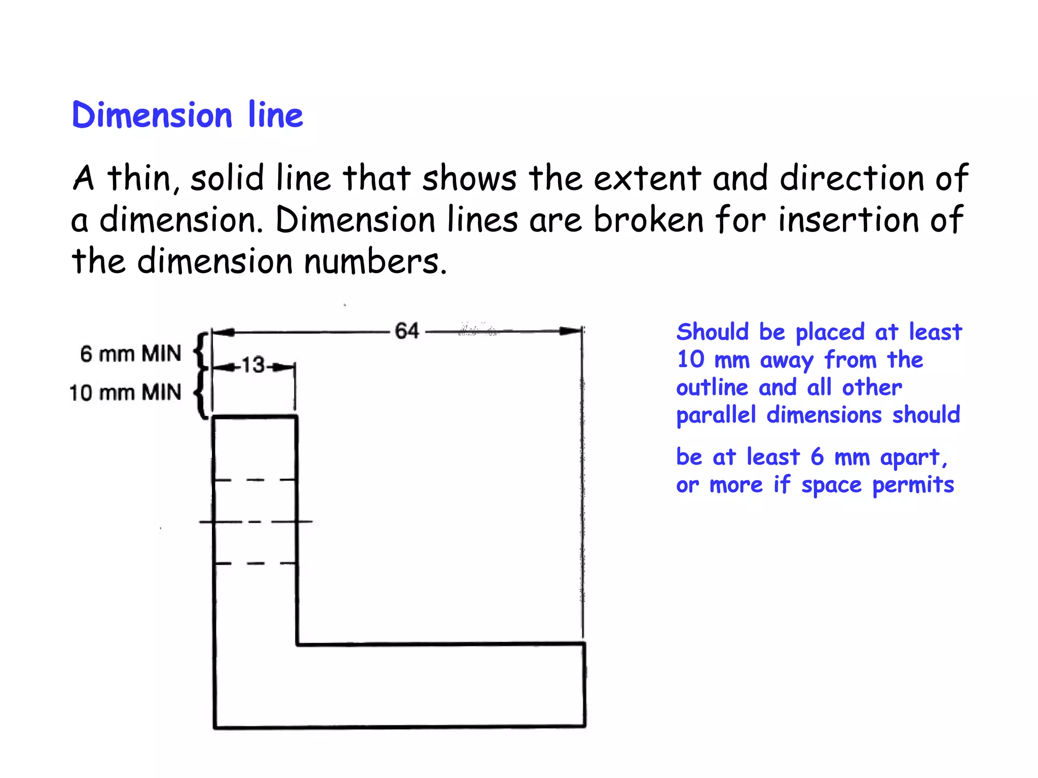 Dimension line
A thin, solid line that shows the extent and direction of
a dimension. Dimension lines are broken for insertion of
the dimension numbers.
Should be placed at least
10 mm away from the
outline and all other
parallel dimensions should
be at least 6 mm apart,
or more if space permits.

 