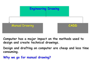 Engineering Drawing

Manual Drawing

CADD

Computer has a major impact on the methods used to
design and create technical drawings.
Design and drafting on computer are cheap and less time
consuming.
Why we go for manual drawing?

 