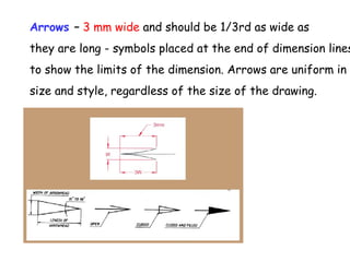 Arrows – 3 mm wide and should be 1/3rd as wide as

they are long - symbols placed at the end of dimension lines
to show the limits of the dimension. Arrows are uniform in
size and style, regardless of the size of the drawing.

 