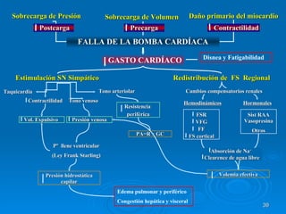 Sobrecarga de Presión Sobrecarga de Volumen Daño primario del miocardio FALLA DE LA BOMBA CARDÍACA Disnea y Fatigabilidad Estimulación SN Simpático Redistribución de  FS  Regional Taquicardia Tono venoso Tono arteriolar PA=R x GC Pº  llene ventricular (Ley Frank Starling) Edema pulmonar y periférico Congestión hepática y visceral Hemodinámicos Hormonales Sist RAA Vasopresina Otros Cambios compensatorios renales GASTO CARDÍACO Postcarga Precarga Contractilidad Contractilidad Vol. Expulsivo  Presión venosa Resistencia  periférica Presión hidrostática capilar FSR VFG FF FS cortical Volemia efectiva Absorción de Na + Clearence de agua libre 