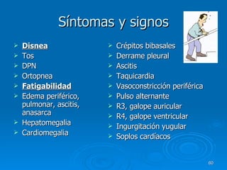 Síntomas y signos Disnea Tos DPN Ortopnea Fatigabilidad Edema periférico, pulmonar, ascitis, anasarca Hepatomegalia Cardiomegalia Crépitos bibasales Derrame pleural Ascitis  Taquicardia Vasoconstricción periférica Pulso alternante R3, galope auricular R4, galope ventricular Ingurgitación yugular Soplos cardíacos 