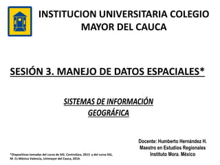 INSTITUCION UNIVERSITARIA COLEGIO
MAYOR DEL CAUCA
SESIÓN 3. MANEJO DE DATOS ESPACIALES*
*Diapositivas tomadas del curso de SIG. CentroGeo, 2013 y del curso SIG,
M. Cs Mónica Valencia, Unimayor del Cauca, 2014.
 